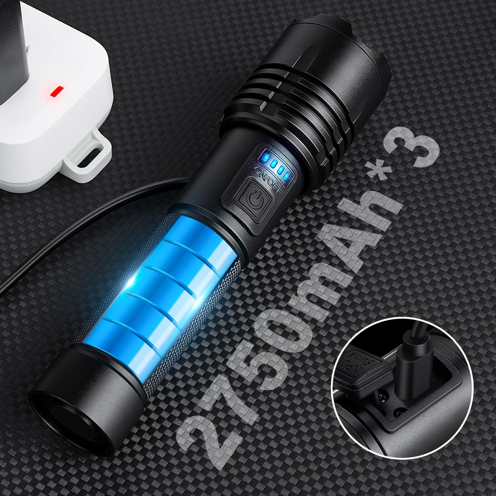 Kingcaesar 3 Pack Rechargeable Flashlights 3000 High Lumens, Super Bright Led Flash Light With 3 Light Modes, High Power Flashlight With Charging Cables, Ipx7 Waterproof For Camping, Outdoor, Home