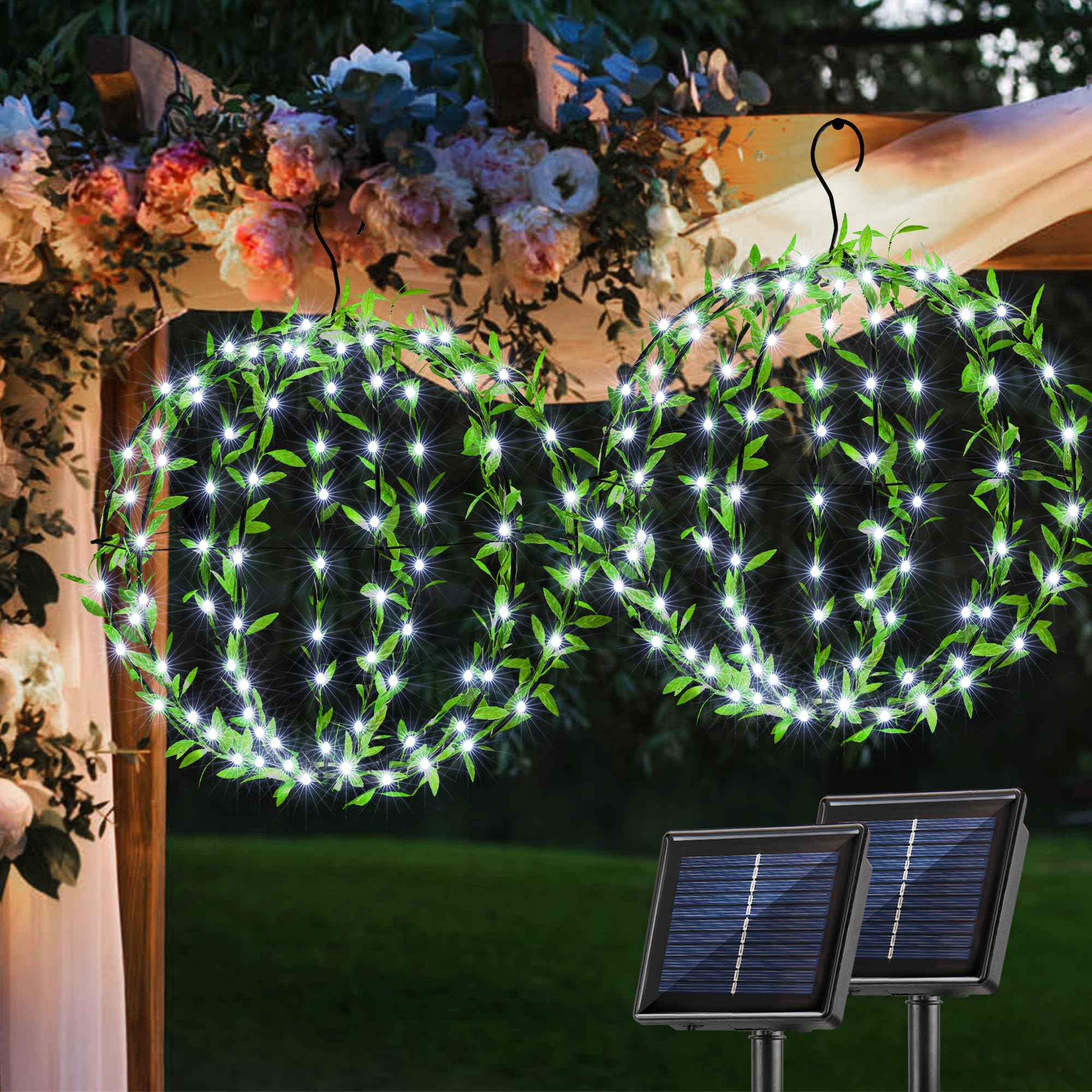 Flacchi Solar Powered Hanging Iron Sphere Lights With Artificial Greenery – 12Inch 120 Led Waterproof Outdoor Decor Ball Light With Timer & 8 Modes – 2 Pack For Garden, Christmas, Weddings (Cool White)