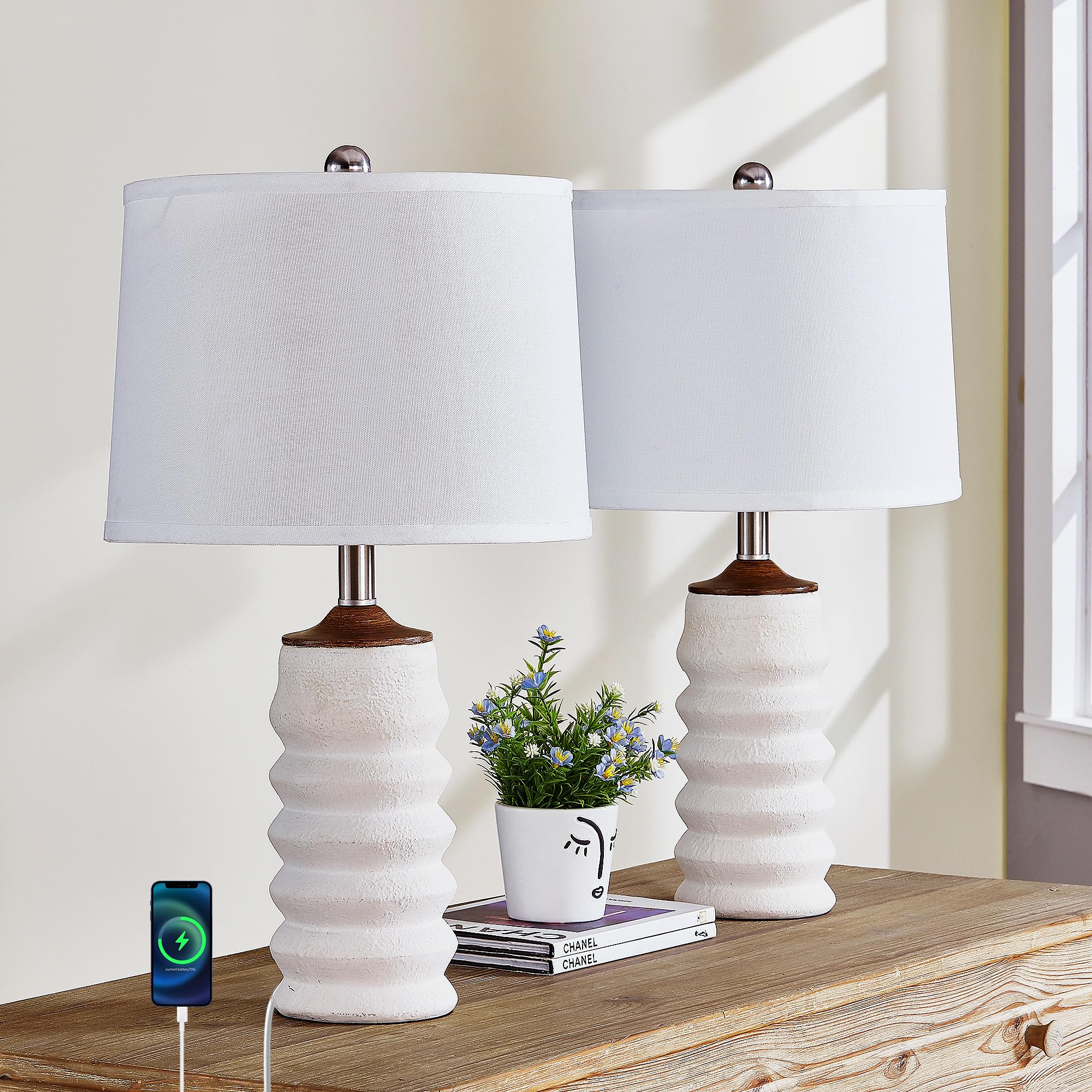 Hightry Set Of 2 White Table Lamps For Living Room, 23" Farmhouse Resin Bedside Lamps With Usb Port, 3 Way Dimmable Bedroom Table Lamps With White Shade For Living Room, Office