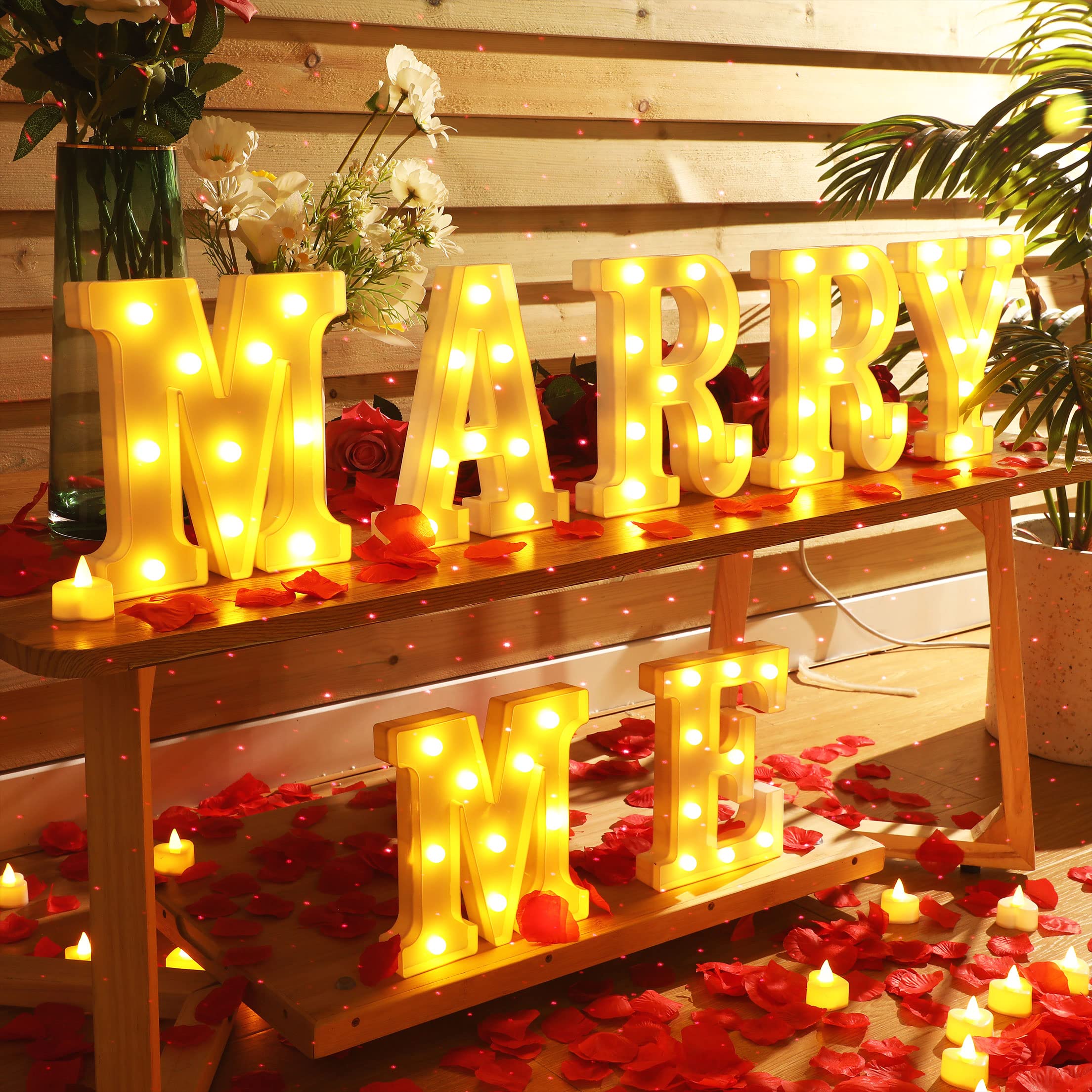 Fumete Marry Me Letter Lights, Night Light Decoration With 4000 Pcs Rose Petals, 72 Pcs Romantic Candles, Usb Powered For Valentine Engagement Wedding(Red)