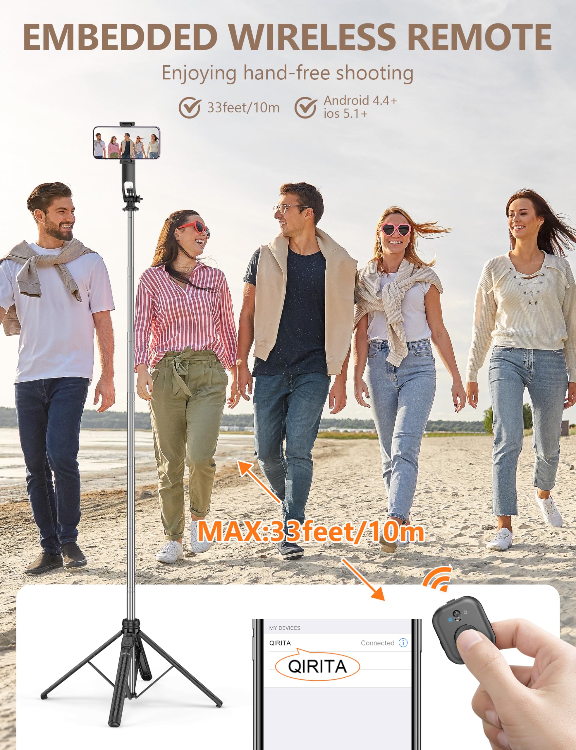 Qirita 71" Quadrapod, All In One Selfie Stick Tripod With Remote & Phone Holder, Extendable Cell Phone Tripod With 1/4" Screw, Travel Tripod Stand For Cell Phone & Camera Compatible With Iphone, Android