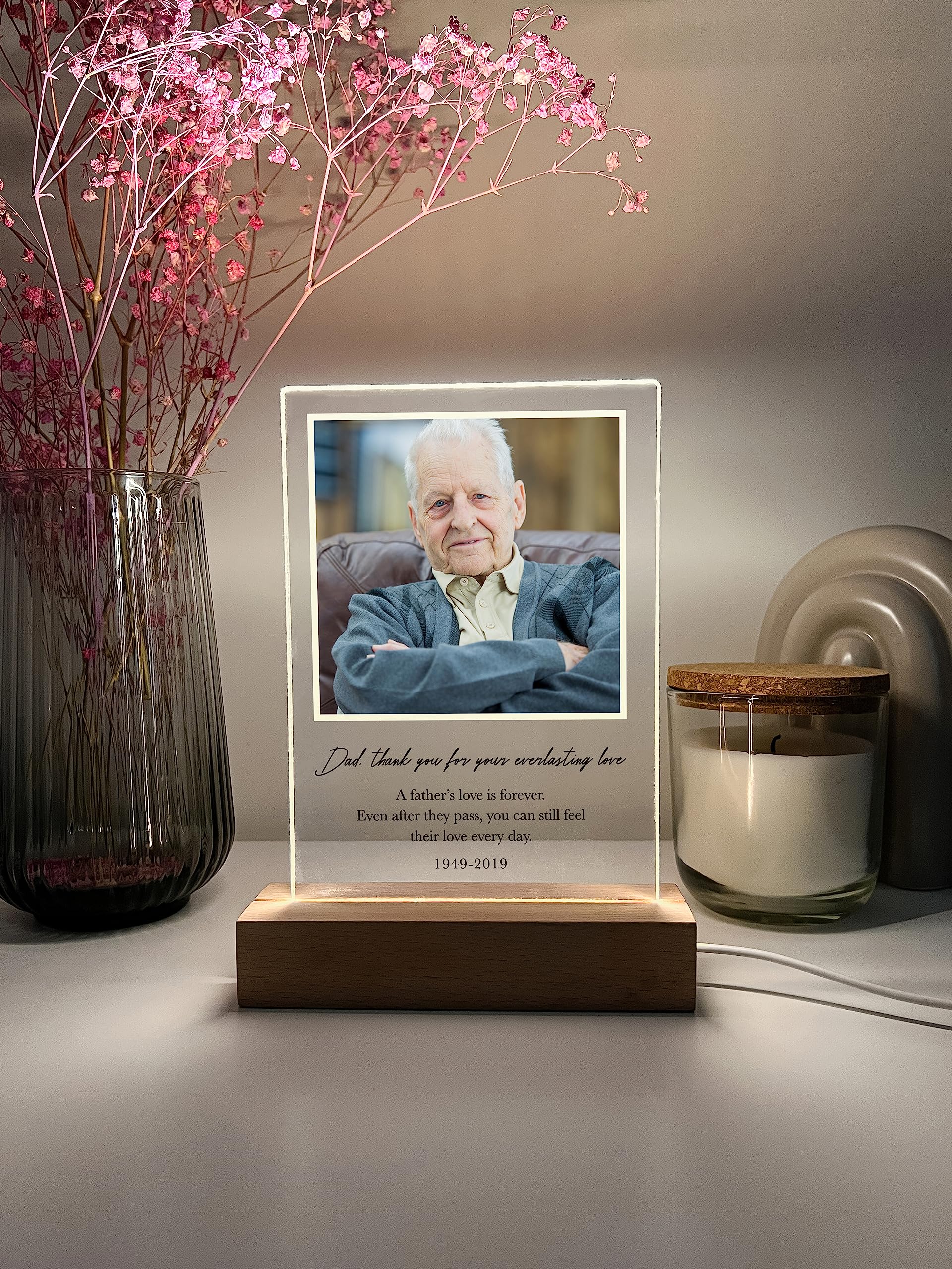Mirror Mania Custom Personalized Photo Led Wood Stand Night Light Up Table Lamp In Loving Memory Loved One Heart R.I.P Condolence Remembrance Loss Sympathy Bereavement Memorial