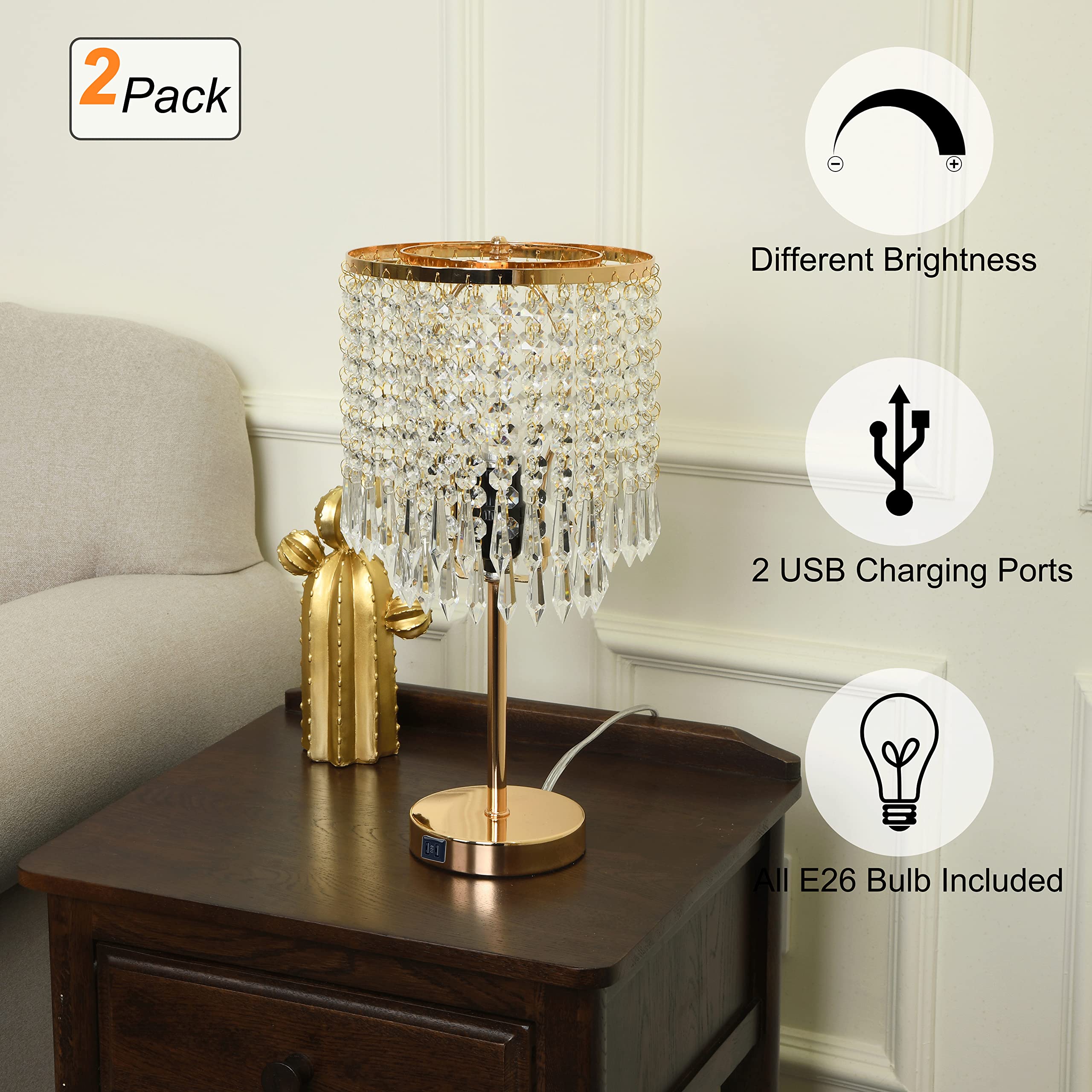 Popity Home Crystal Table Lamps Set Of 2, Gold Lamps For Nightstand With 2 Usb Charging Ports, 3-Way Touch Dimmable Crystal Lamp, Gold Bedside Lamp With Elegant Shade For Bedroom, Living Room
