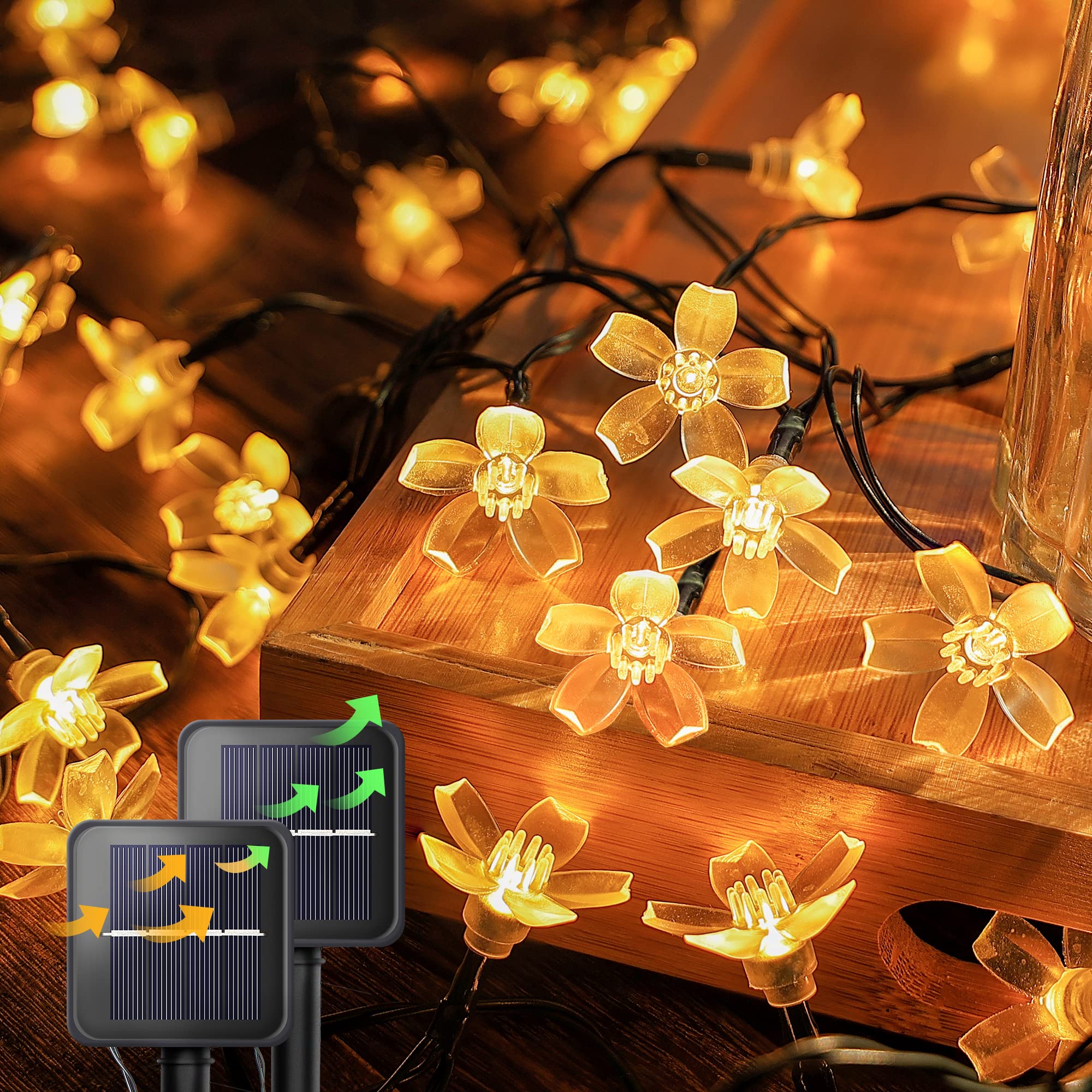 Heyfuni 2 Pack Flower Solar String Lights, 50 Led 21Ft Solar Fairy Lights Outdoor Waterproof，8 Modes Warm White Cherry Blossom Lights For Tree Patio Indoor Garden Room Holiday Decoration