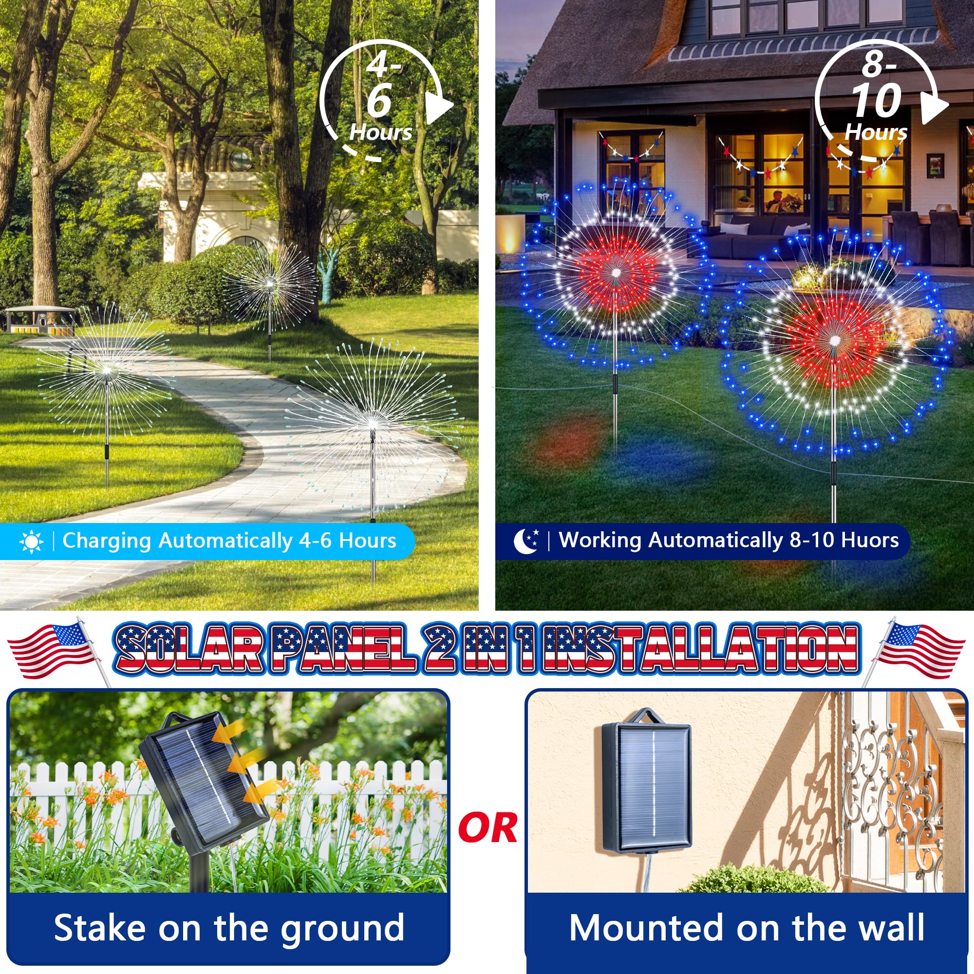Sakayo 4Th Of July Decorations Outdoor 2 Pack Red White And Blue Solar Firework Lights With 180 Led 8 Lighting Modes Patriotic Decorations Fireworks Lights Waterproof Fourth Of July Lights For Party