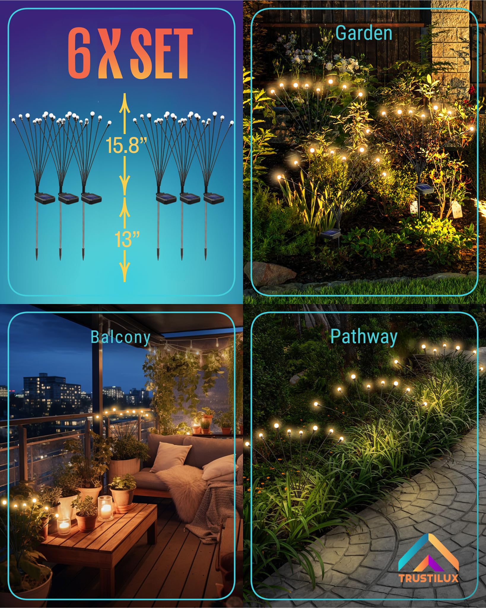 Trustilux Firefly Outdoor Solar Lights 6 Pack  Unique Anyangle System To Customize 48 Solar Garden Lights Position  30% Brighter, Plant-Safe Swaying Firefly Lights  Money-Saving Balcony Patio Decor