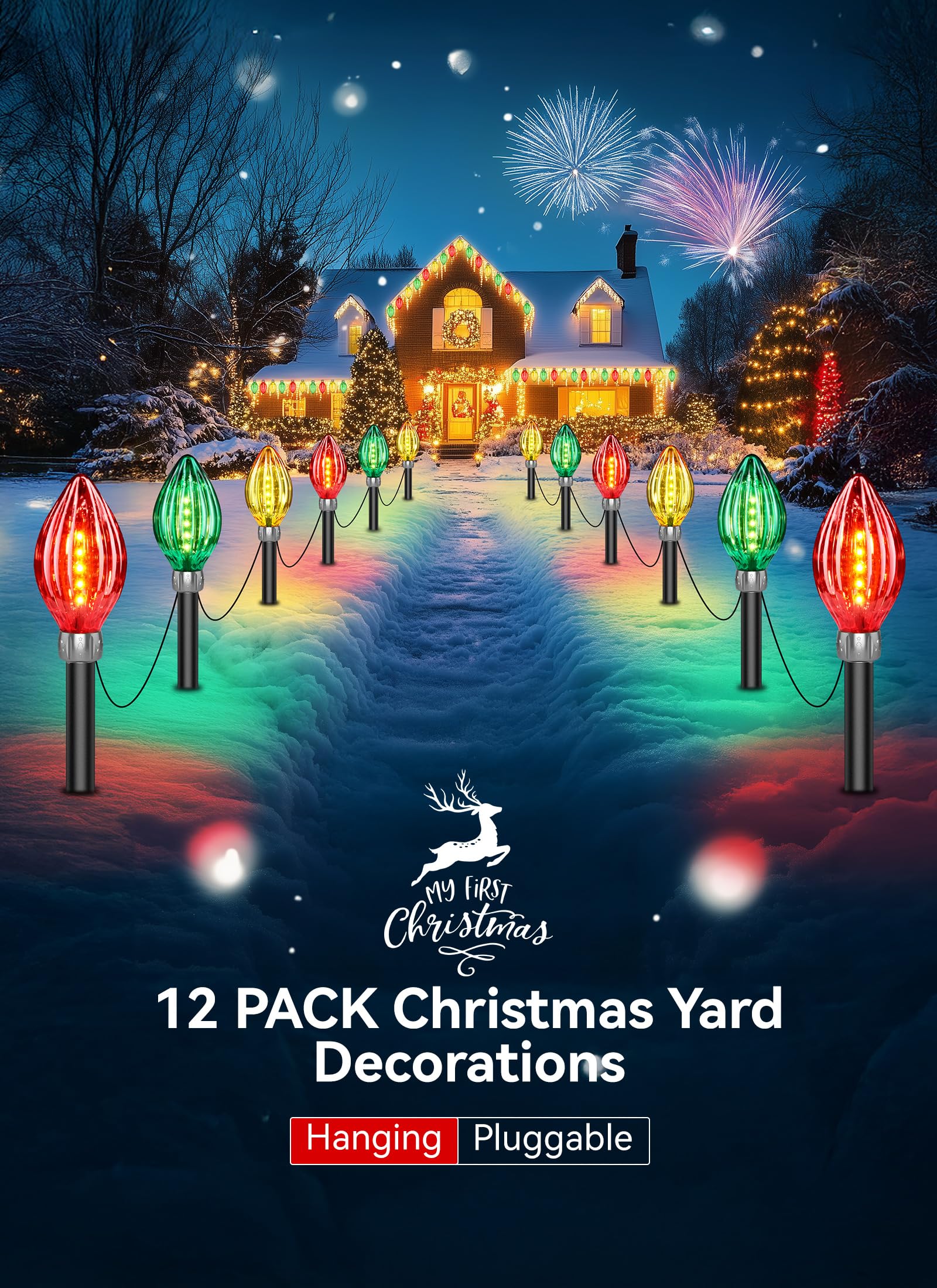 Neemo 12 Pack Jumbo C9 Christmas Lights - 44 Ft Extra Long String Lights With 60 Led Solar Powered, Waterproof Outdoor Decorations For Pathway & Yard