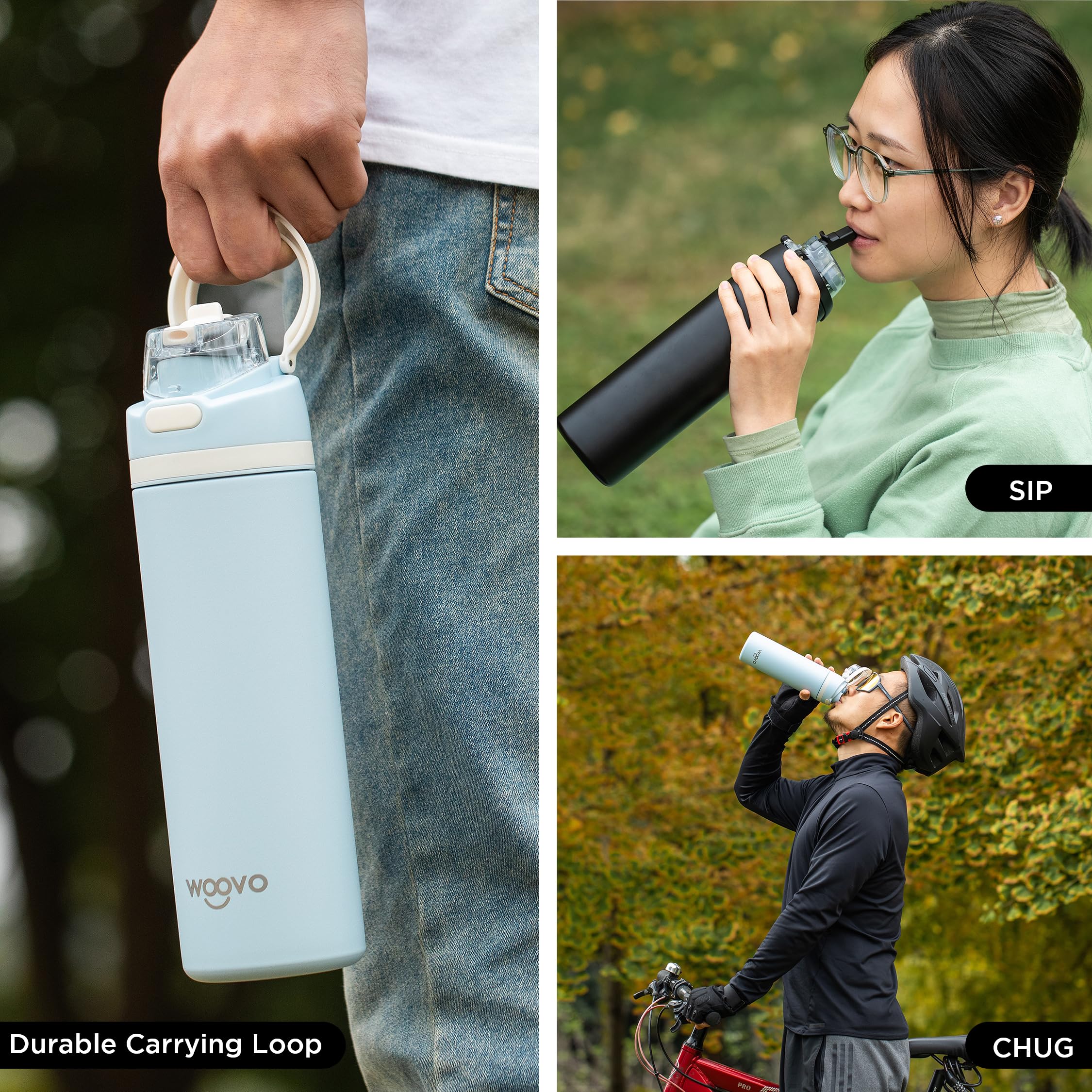 Slim Insulated Water Bottle 24 Oz, Leak Proof Water Bottle With Straw Lid And Carrying Loop