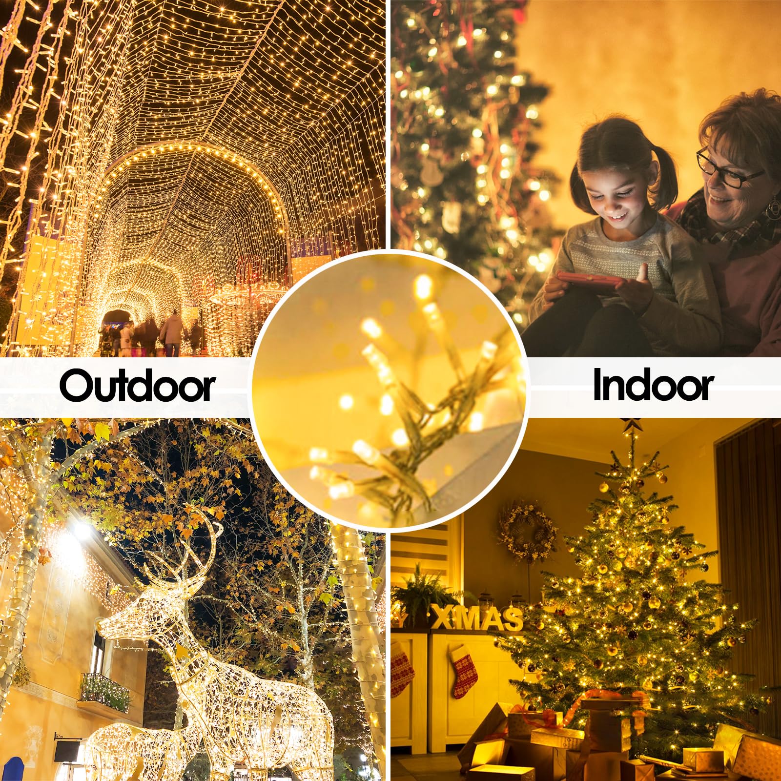 Sanjicha Extra-Long 66Ft Christmas Lights Outdoor/Indoor, 200 Led Super Bright String Lights And 2 Pack Extra-Long Solar String Lights Outdoor, 144Ft 400Led Waterproof Solar Fairy Lights