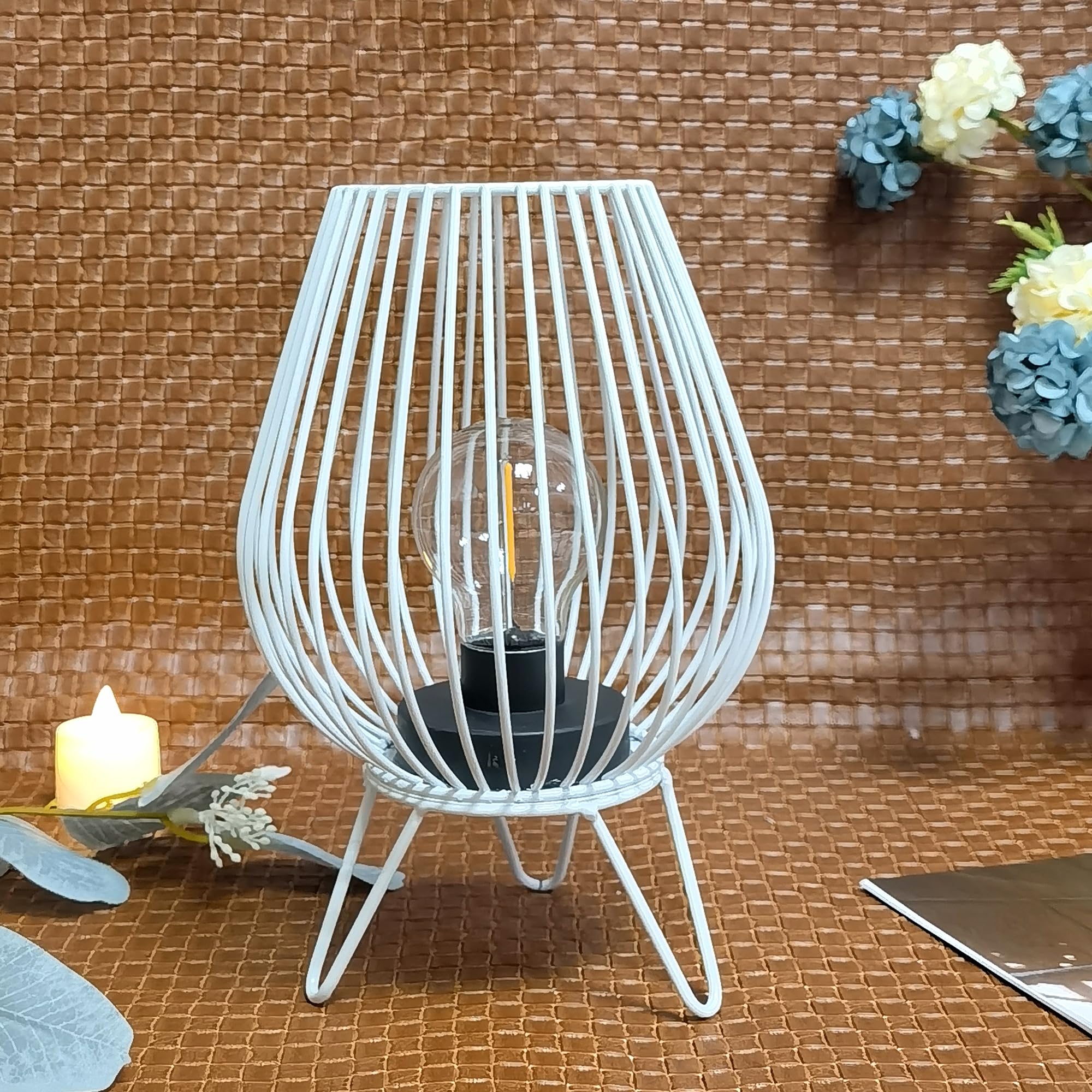 Auron 22Cm High Table Lamp Iron Cage Shape Night Light Battery Operated Bedside Lamp Home Decor For Bedroom Living Room Party Office Garden Indoor Outdoor (White)