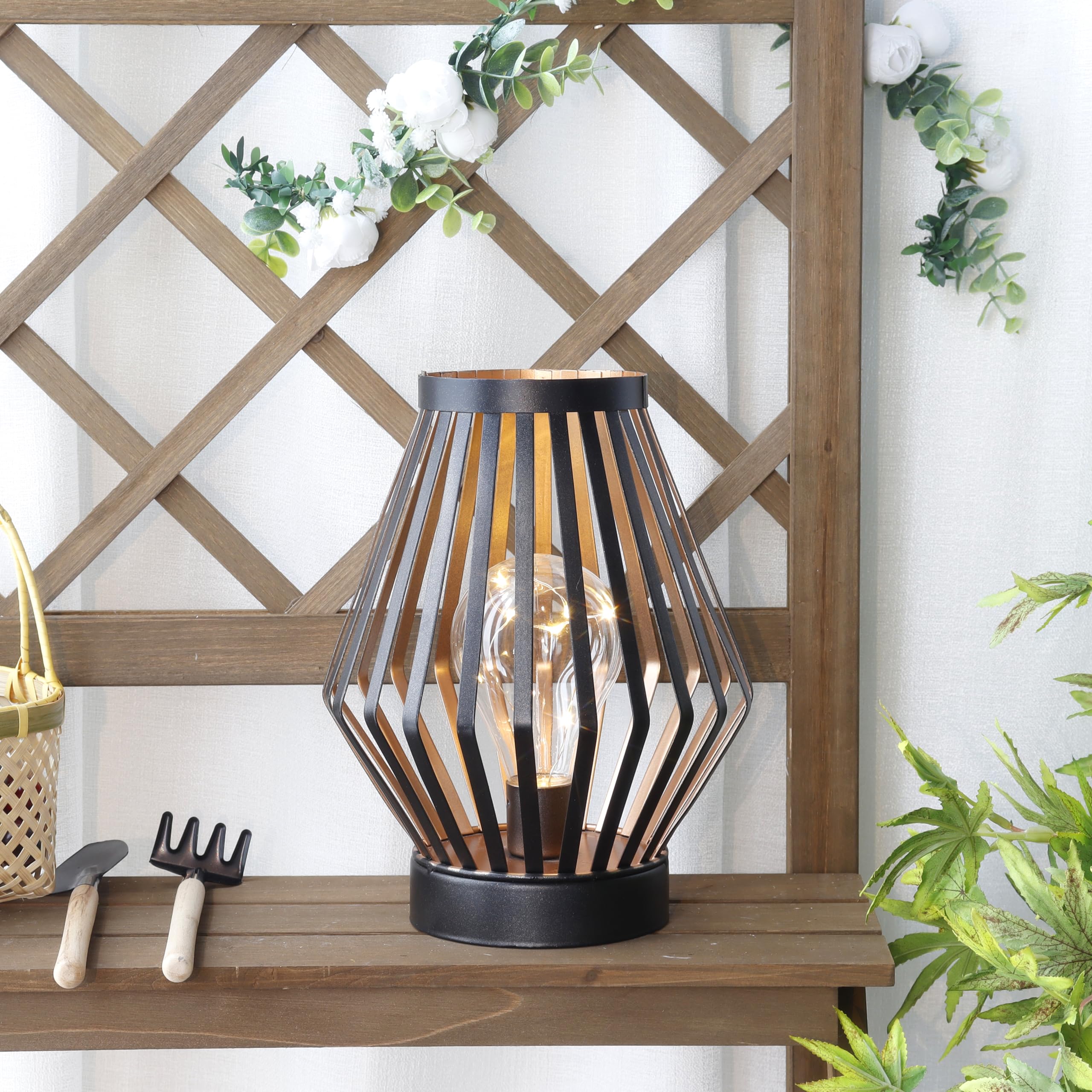 Jhy Design 8.5“H Metal Cage Led Lantern Battery Powered Cordless Accent Light With Led Edison Style Bulb Great For Weddings Parties Patio Events For Indoors Outdoors
