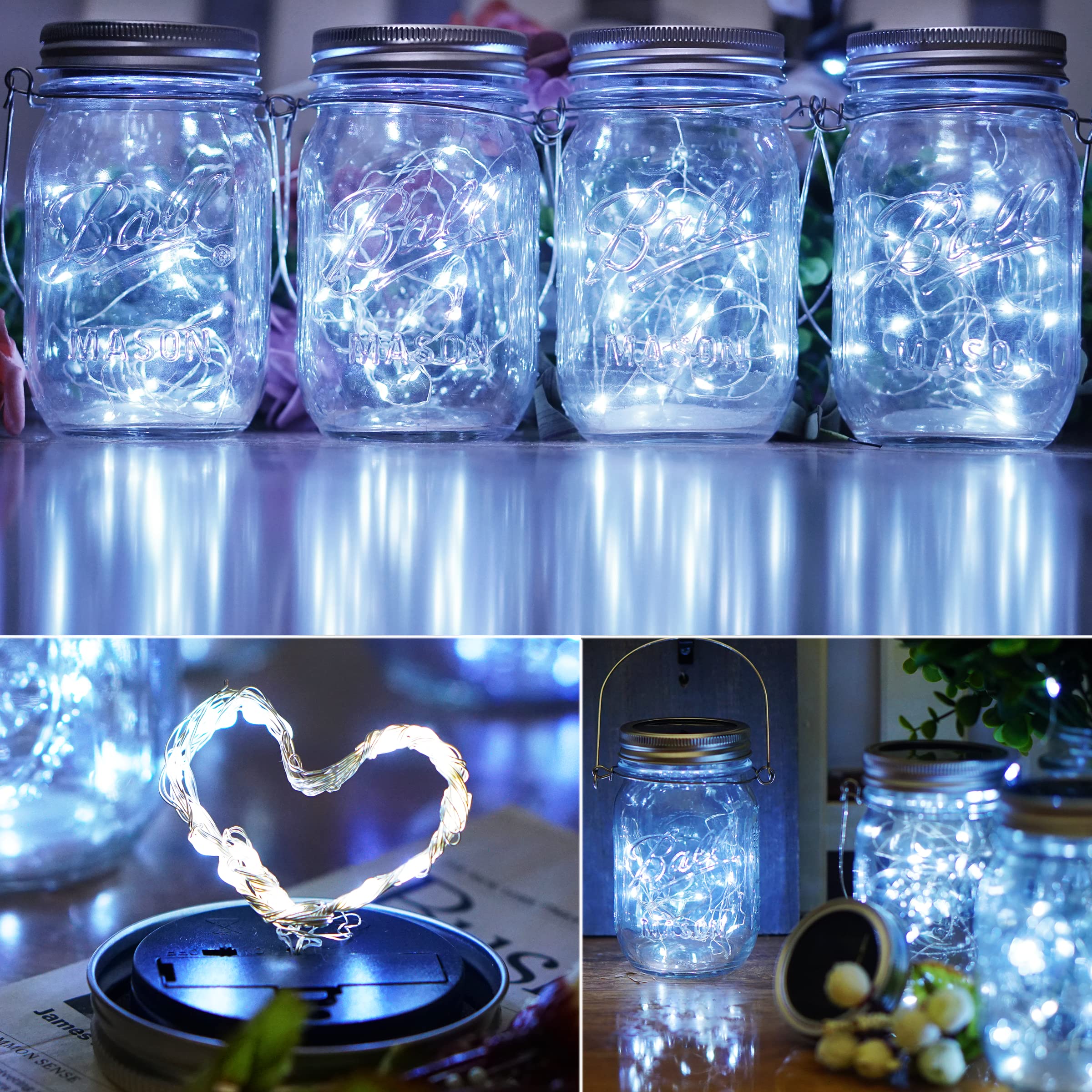 Smilingtown Mason Jars Lids 30 Led 12 Pack Solar Fairy Firefly Lights - Solar Lantern Hanging Lights For Patio Yard Garden Wedding Decorations - Cool White