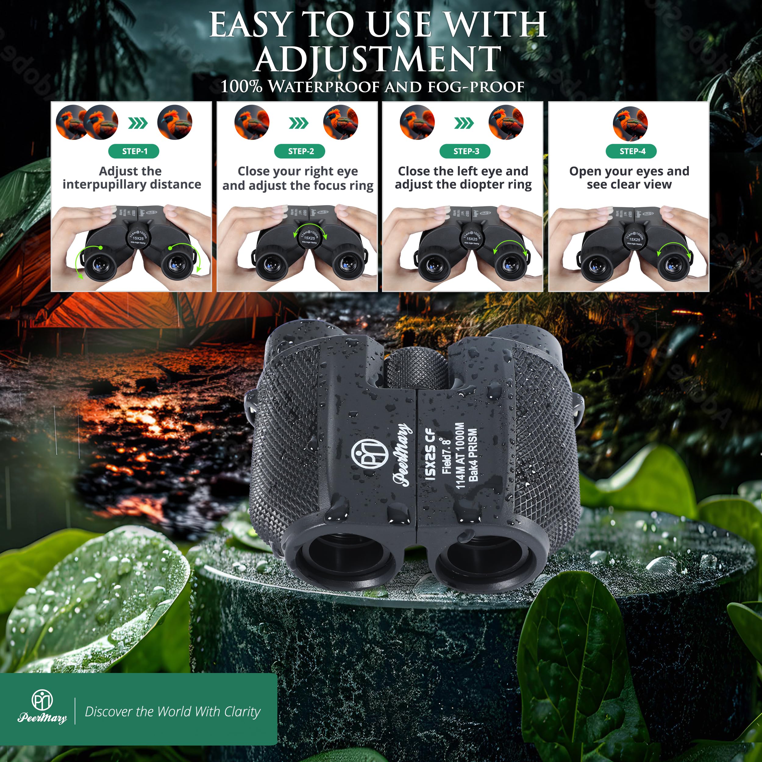 Peermary Compact Binoculars For Adults And Kids 15X25 - Bak4 Prism For Brighter & Sharper Image - Fully Multi Coating Prevent Surface Reflection & Boost Light For Bird Watching, Outdoor Hunting, Travel