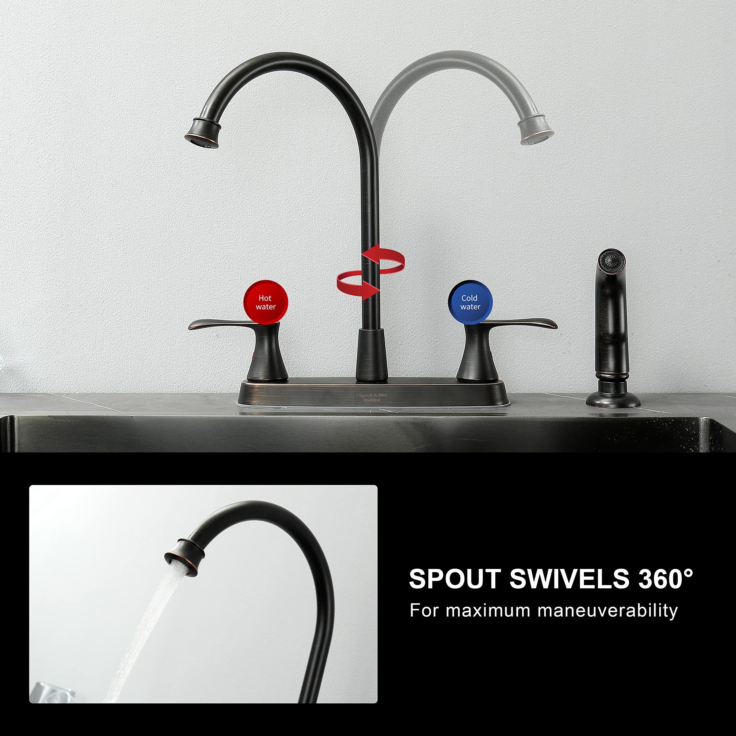 Kirlystone Oil-Rubbed-Bronze Kitchen Faucet With Side Sprayer, Bronze 2-Handle Faucet For 4 Holes Kitchen Sink