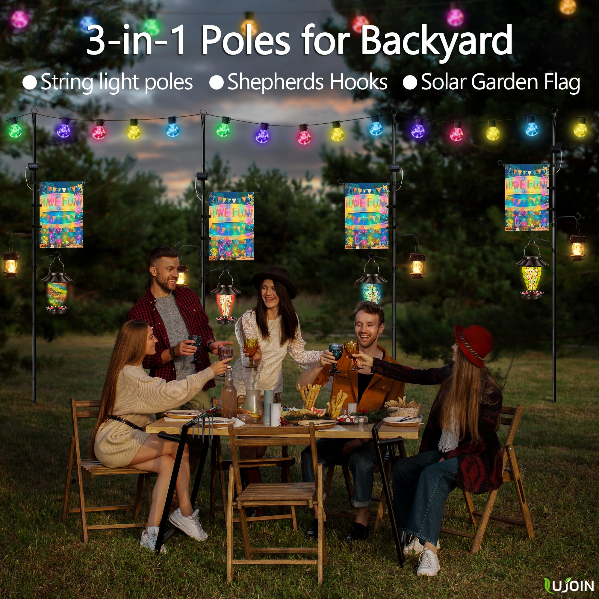 Lujoin 3-In-1 String Light Pole For Outside (2 Pack), Each Pack Includes 2 Hooks, 1 Solar Led Light Board & 1 Party Flag, Heavy Duty Stand For Deck, Patio, Backyard, Wedding