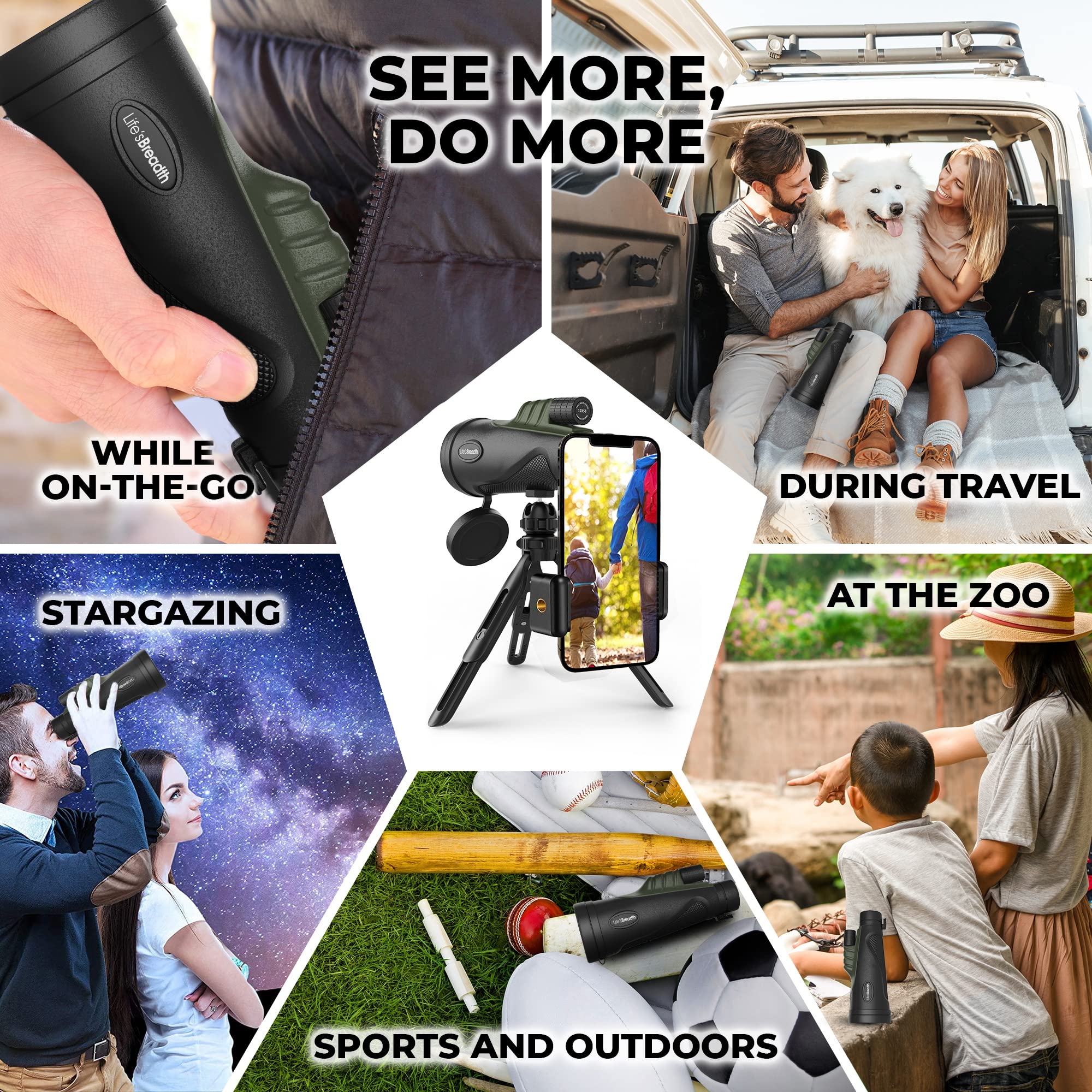 Lifes Breadth 12X52 Monocular Telescope With Smartphone Adapter And  Tripod, Hd Handheld Telescope - High Powered Monocular Scope For Adults - Birdwatching,  For Men Him Dad Husband Boyfriend (Green)