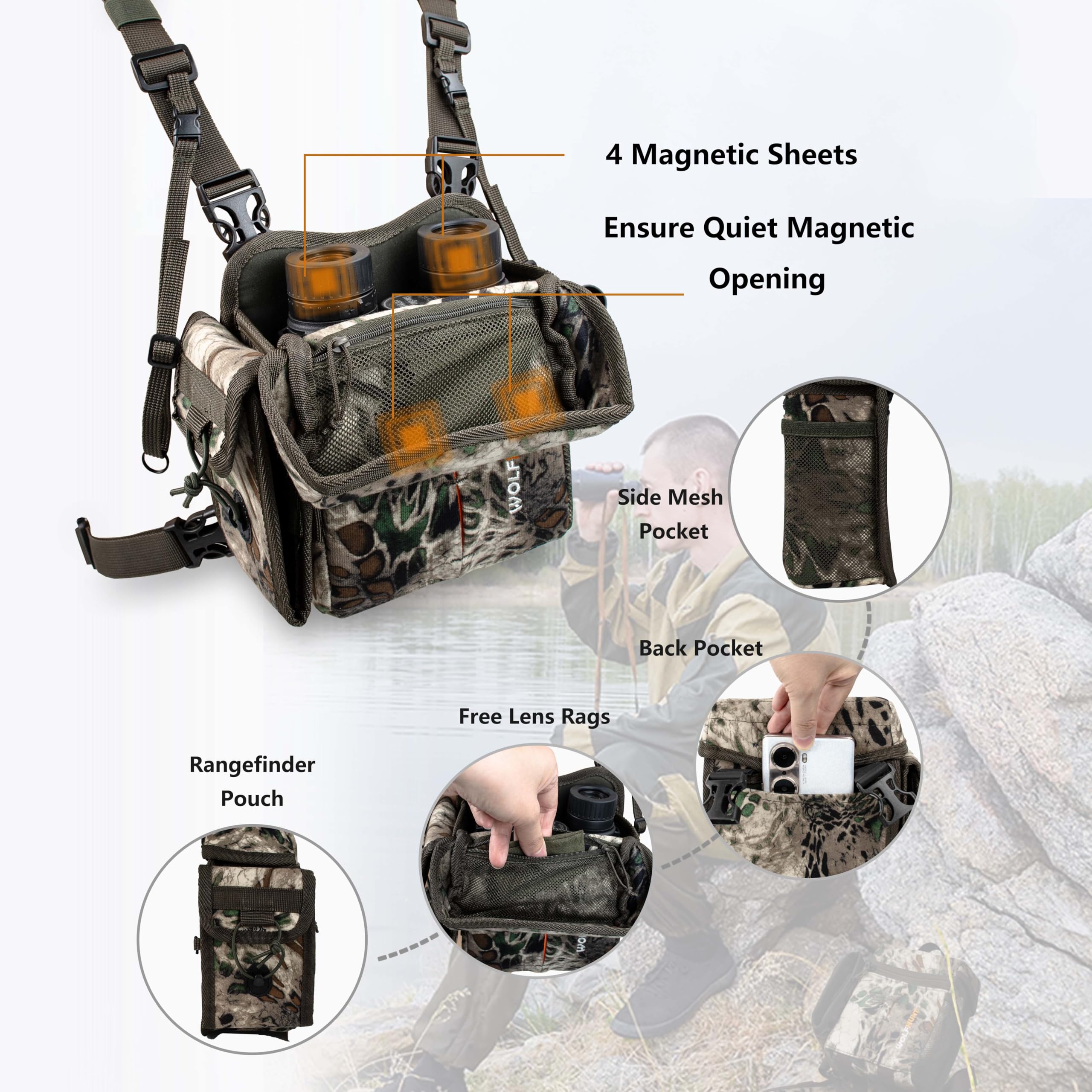 Wolfhunt Binoculars Harness For Hunting With Rangefinder Pouch, Binocular Chest Pack Built-In Magnetic Snap Design, Bino Harness Bag Case Adjustable Strap, Lens Cleaning Cloth, Triple-Use