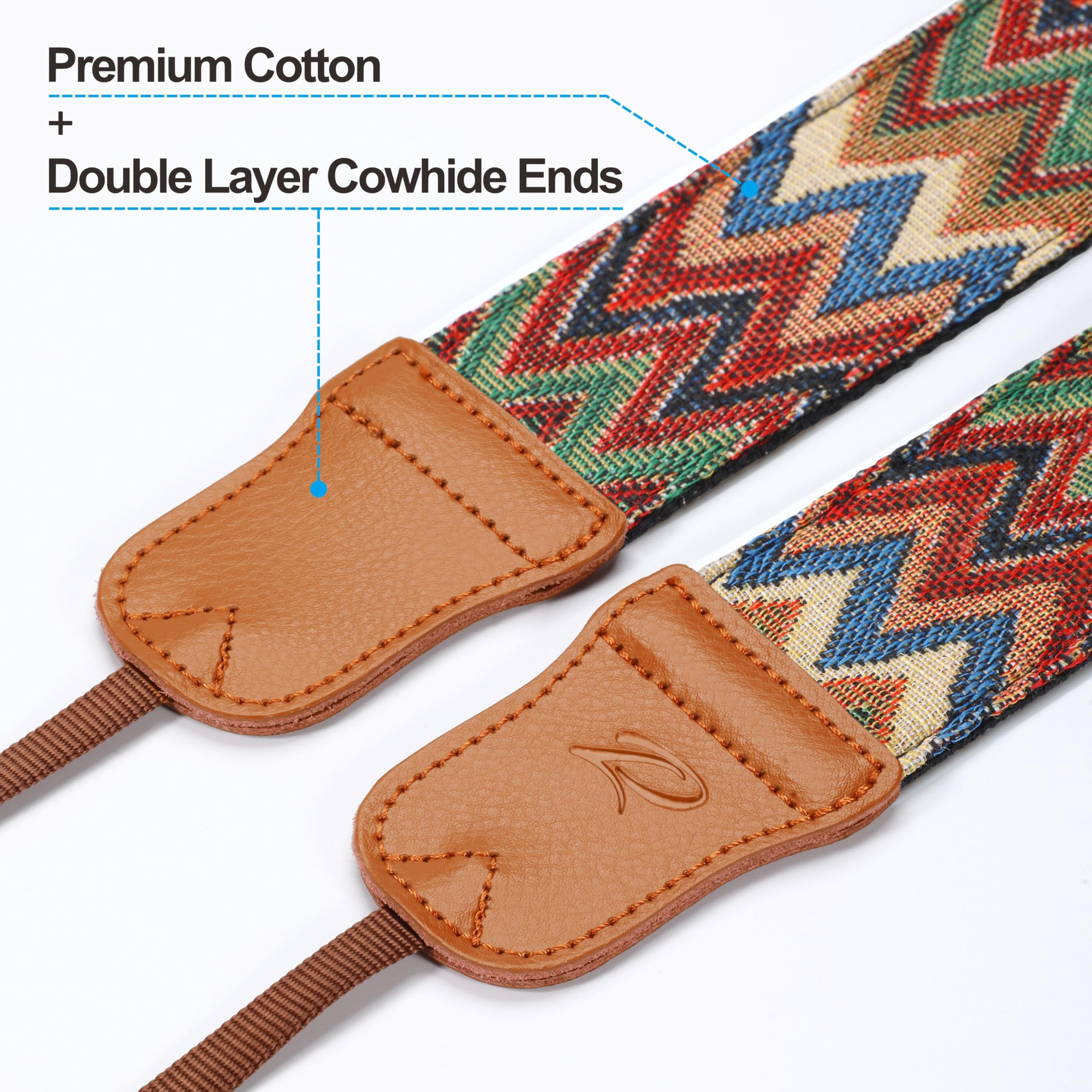 Padwa Lifestyle Camera Strap - 2" Cowhide Head Camera Straps For Photographers,Vintage Jacquard Embroidery Woven Cotton Adjustable Shoulder Neck Straps For Cameras,Binoculars（Cool Ethnic Style Waves）