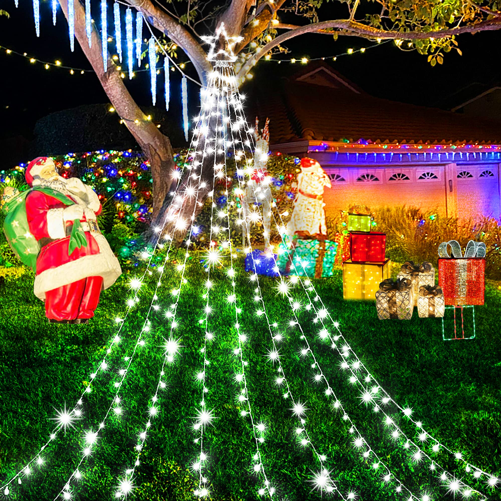 Kno Knooutdoor Christmas Decorations Waterfall Star Lights,344 Led 8 Modes Tree Light,Plug In Clear Wire Waterproof Seasonal Lighting Decor For Xmas Tree Wedding Yard Holiday Garden Cool White
