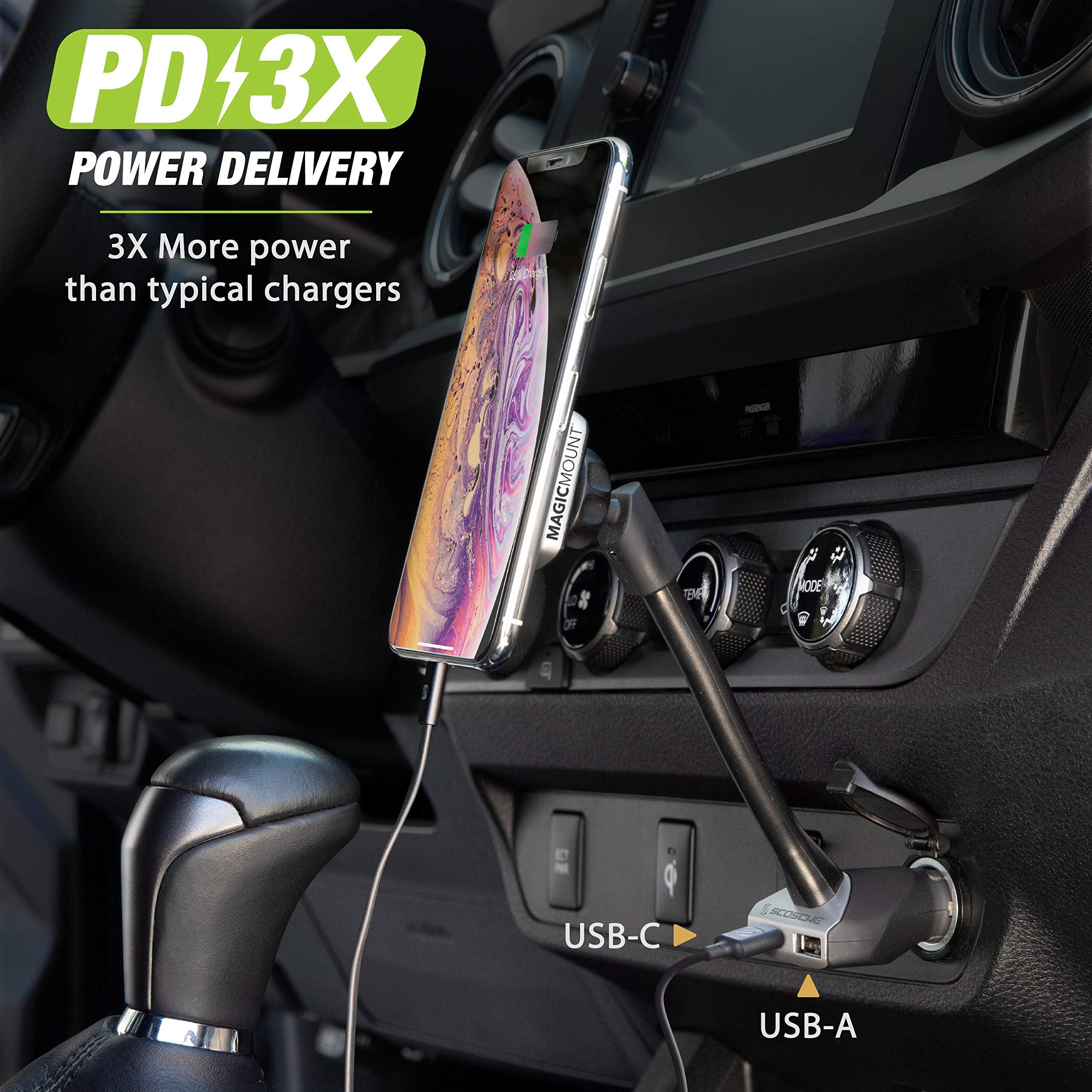 Scosche Mp12Vpd2-Xtsp Magicmount Pro Magnetic Phone/Gps Car Mount 30W Dual Port Type-C + Type-A Cell Phone Charger, Cigarette Lighter Adapter Holder, Compatible With Apple Iphone & More, Black/Silver