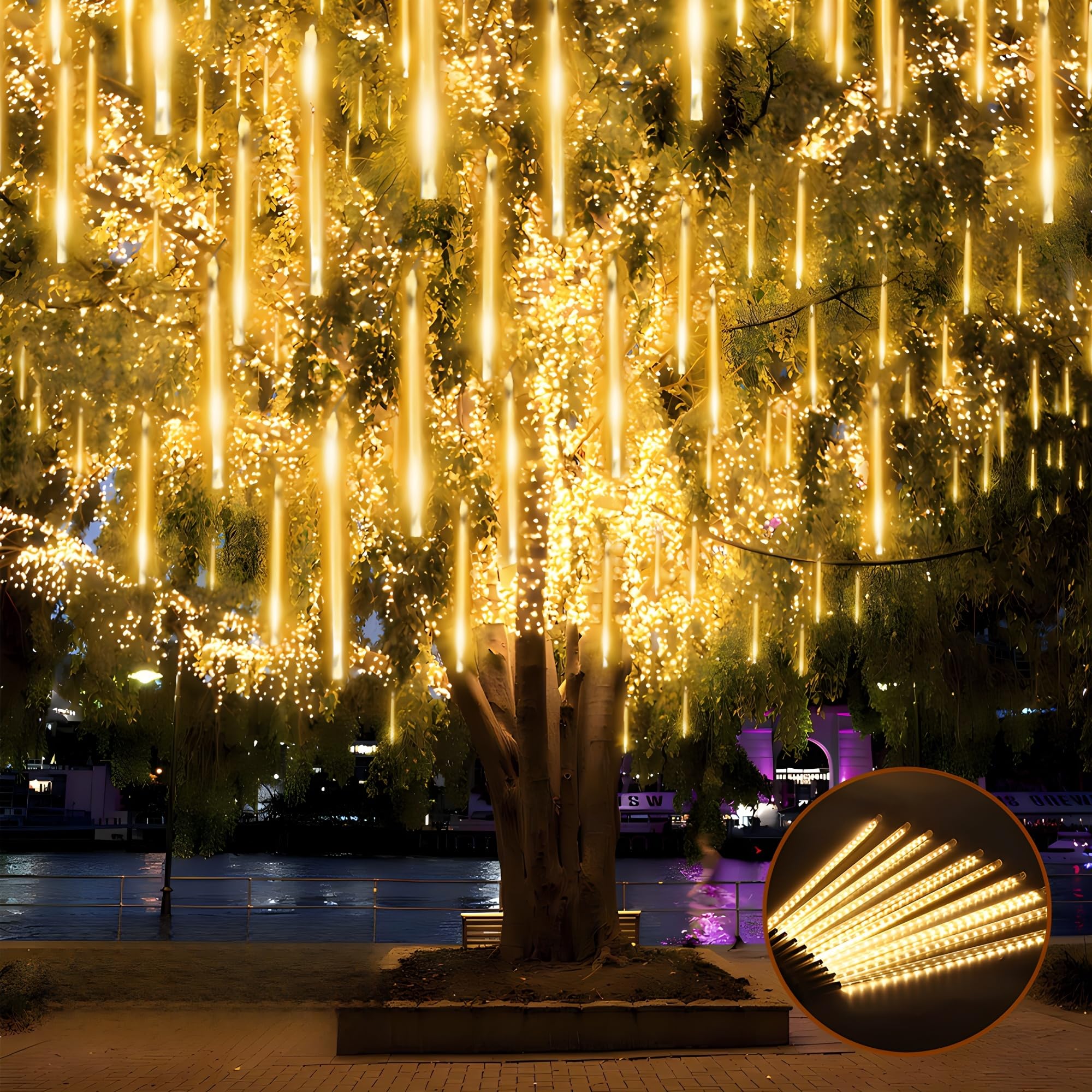 Ygloworm Christmas Lights Outdoor Icicle Lights Meteor Shower 20 Inches Rain Light For Tree Courtyard Garden Porches Window,Wedding Party, Warm White 10 Tubes 480 Led