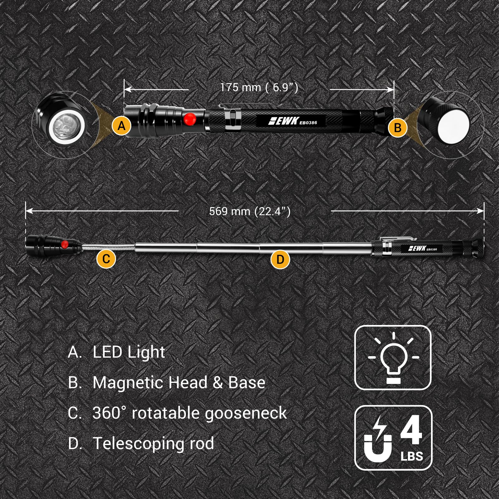 Ewk Dual-Head Magnetic Pick Up Tool With Led Light, Extendable Magnetic Flashlight