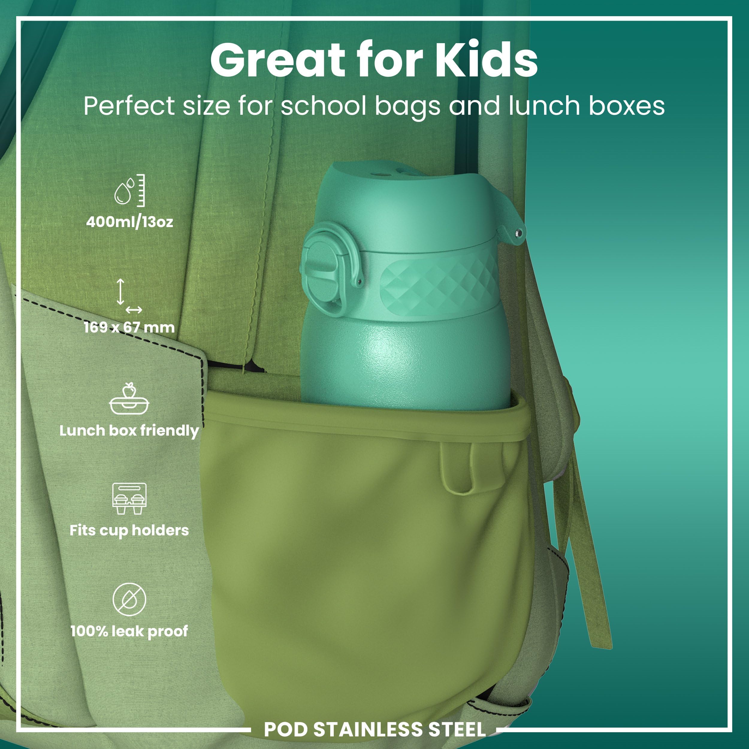 Ion8 Kids Water Bottle, Steel 400 Ml/13 Oz, Leak Proof, Easy To Open, Secure Lock, Dishwasher Safe