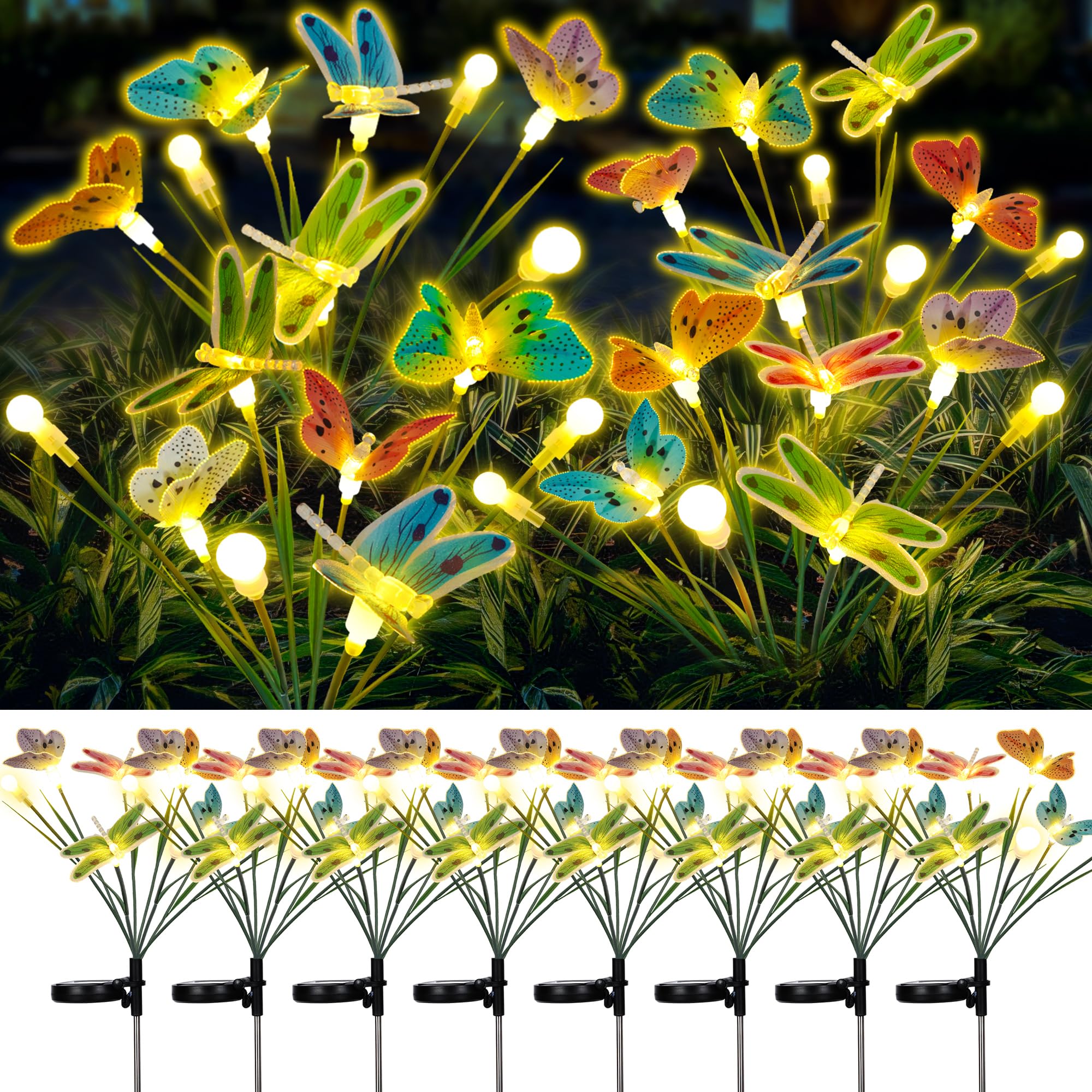 Joedoes Solar Garden Lights, 8 Packs 64 Leds Solar Swaying Lights With Highly Flexible Wire, Like Lively Dragonfly Butterfly Firefly Flying In Garden, Waterproof Solar Outdoor Lights For Yard Pathway Decor