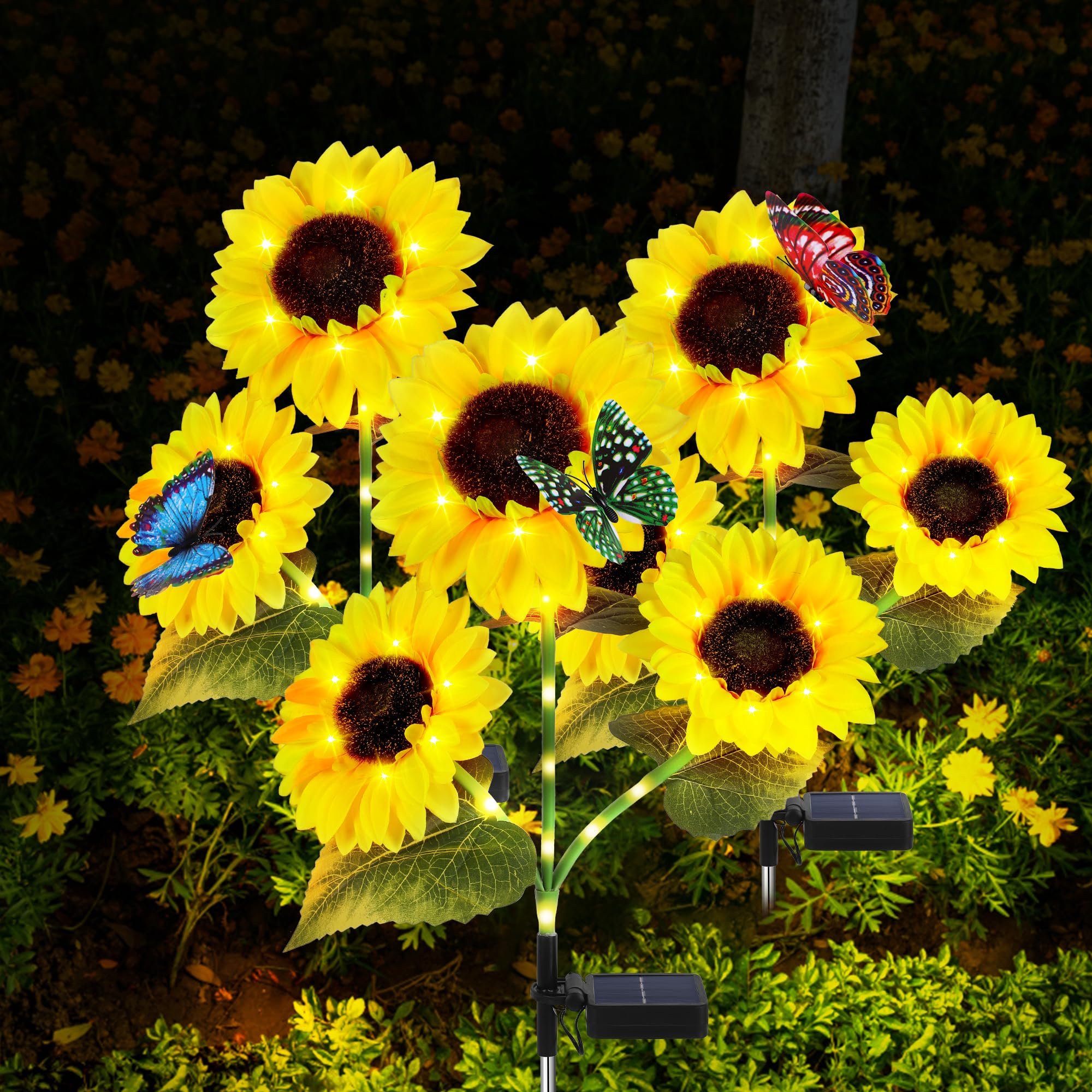 Wind Star Solar Sunflower Lights Decorative, 3 Pack Solar Garden Lights Outdoor With 9 Lifelike Sunflowers And 3 Butterflies, Flower Solar Lights For Yard Pathway Garden Decor And Gift