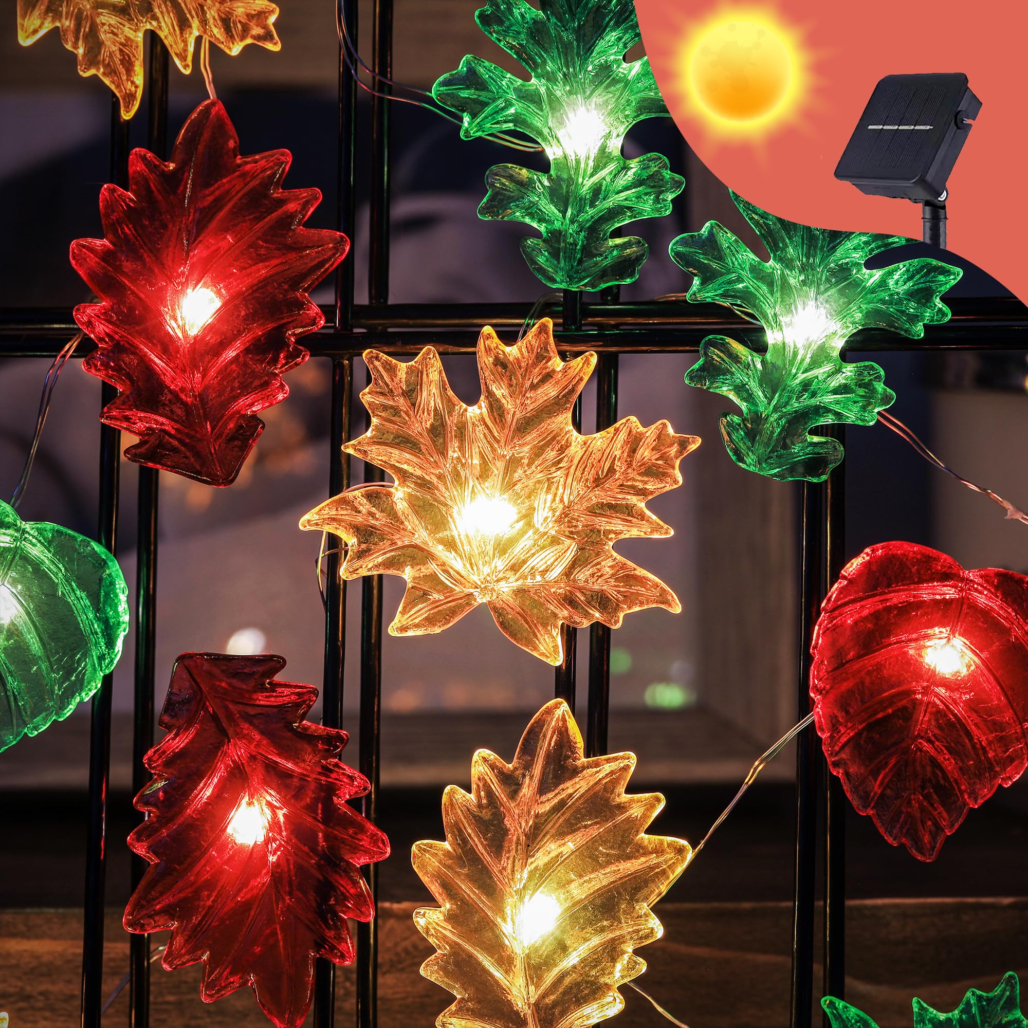 Jashika Solar String Lights Fall Forest Leaf Lights Outdoor Garden Tree Decor Thanksgiving Decorative Lights Autumn Light Up Maple Oak Leaves Decorations Harvest Garland 14Ft 40Led Balcony Pathway Bush Decor