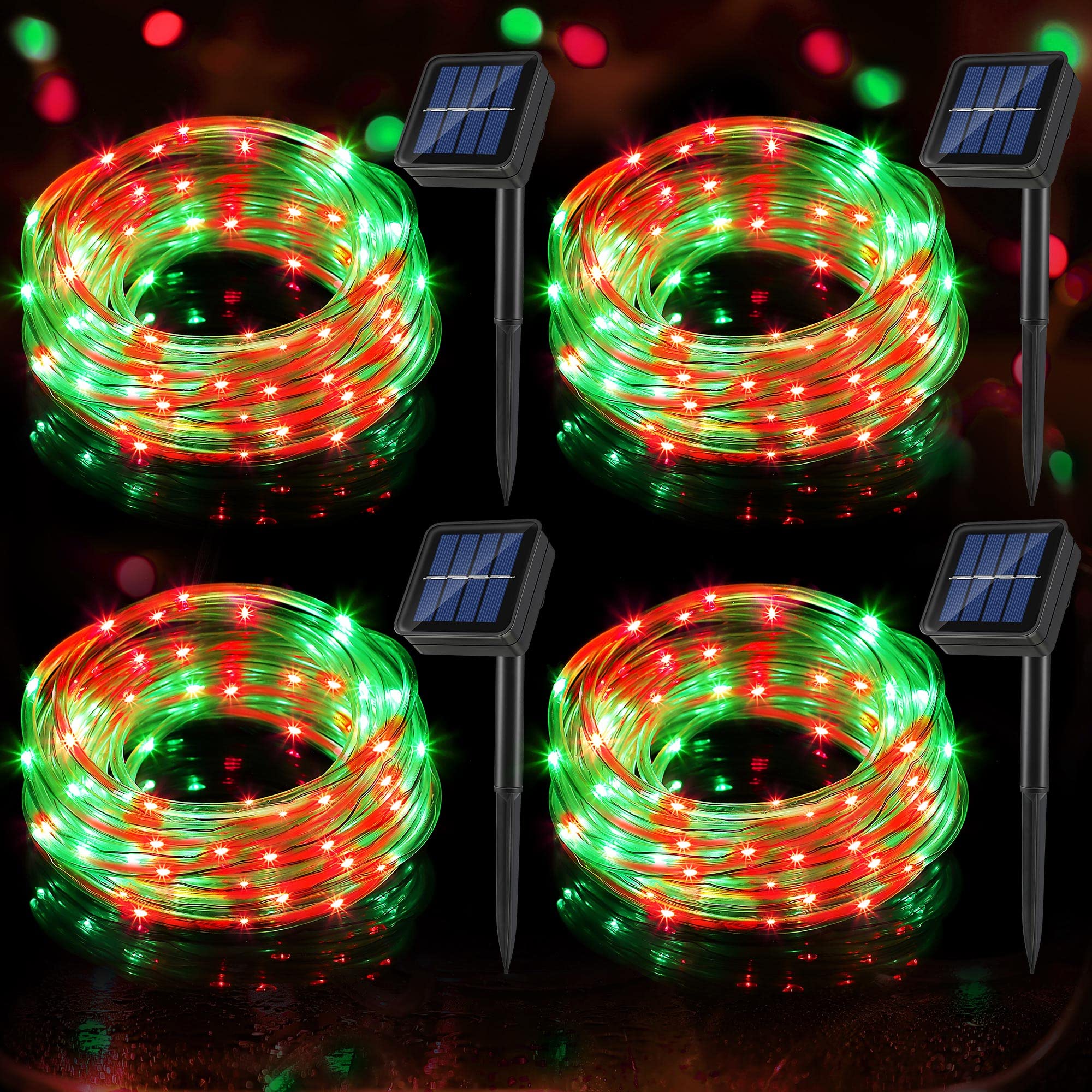 Meonum Solar Christmas Rope Lights Outdoor, 33 Ft 100 Led 8 Modes Solar String Lights, Solar Powered Waterproof Tube Lights For Christmas Tree Garden Fence Yard Party Outdoor (Red, Green,4 Pack)