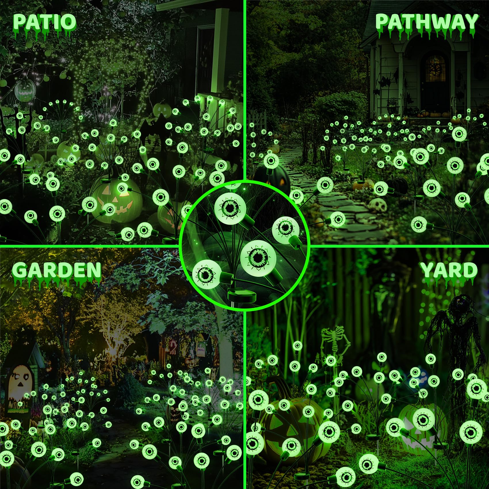 Ahongem Solar Halloween Lights Decorations Outdoor: 2 Pack 16Led Scary Eyeball Light Swaying For Yard Decor - Green Firefly Ghost Lighting Garden Lawn Pathway Party Outside Decorative