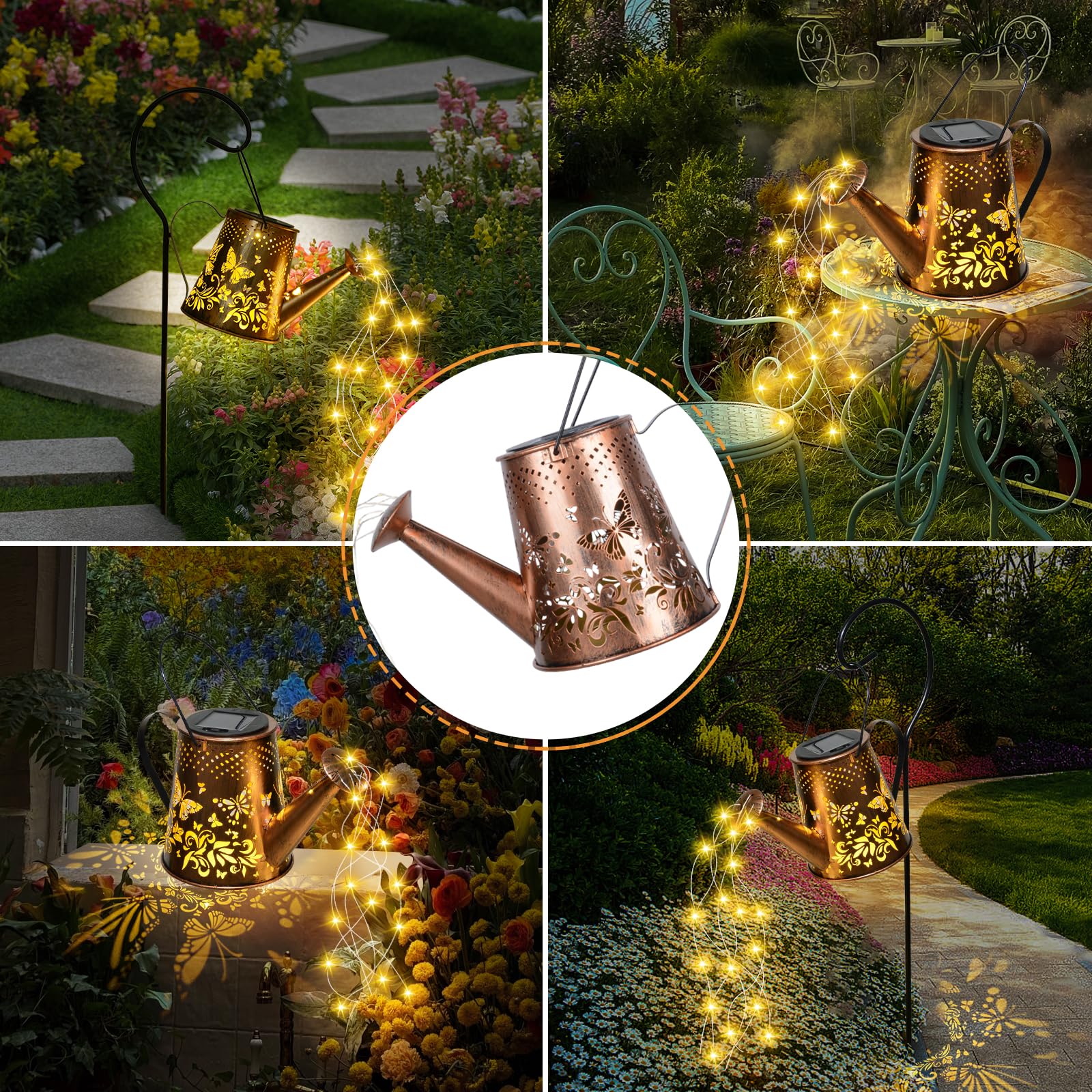 Fohil Solar Garden Lights, Solar Watering Can Lights Garden Decor, Waterproof Retro Metal Hanging Solar Lantern Outdoor Decorations For Garden Porch Lawn Driveway Backyard Pathway