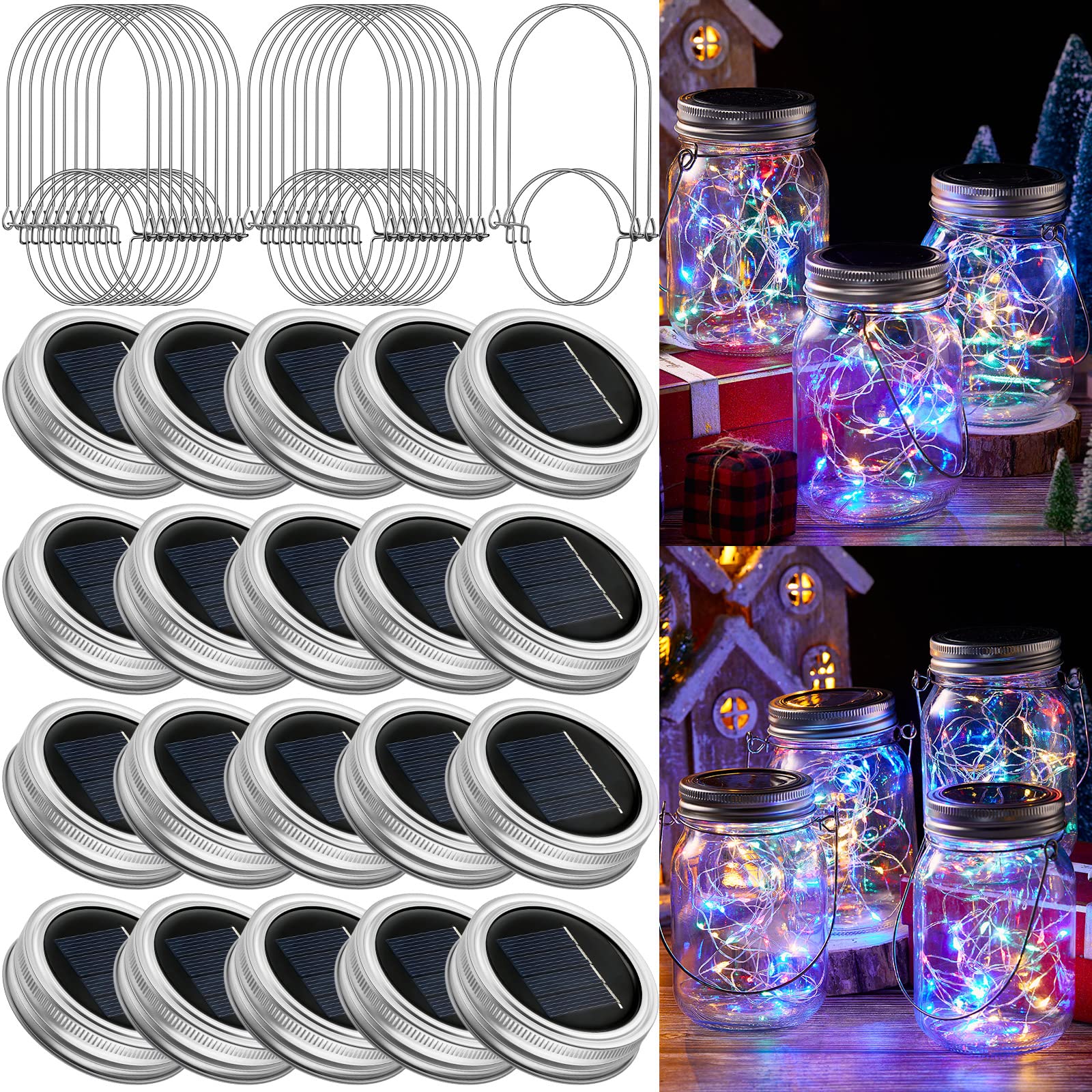 Tuanse 20 Sets Solar Lantern Lights Sets 30 Led Fairy Mason Jar Lights With Jar Lid Waterproof Lantern String 20 Hangers For Outdoor Yard Patio Lawn Garden Christmas, Jars Not Included