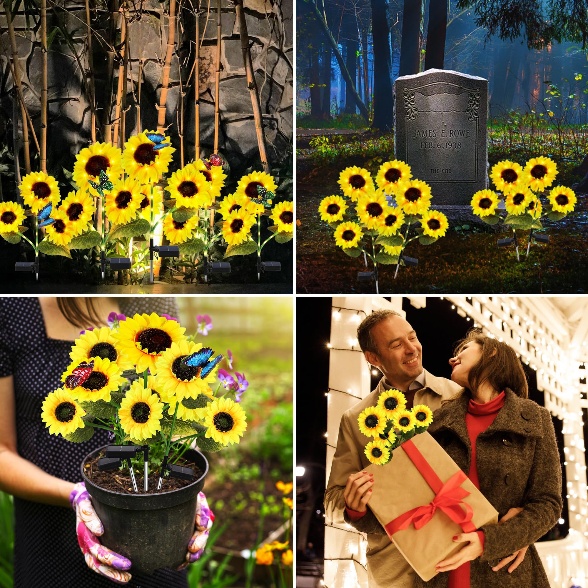 Wind Star Solar Sunflower Lights Decorative, 3 Pack Solar Garden Lights Outdoor With 9 Lifelike Sunflowers And 3 Butterflies, Flower Solar Lights For Yard Pathway Garden Decor And Gift