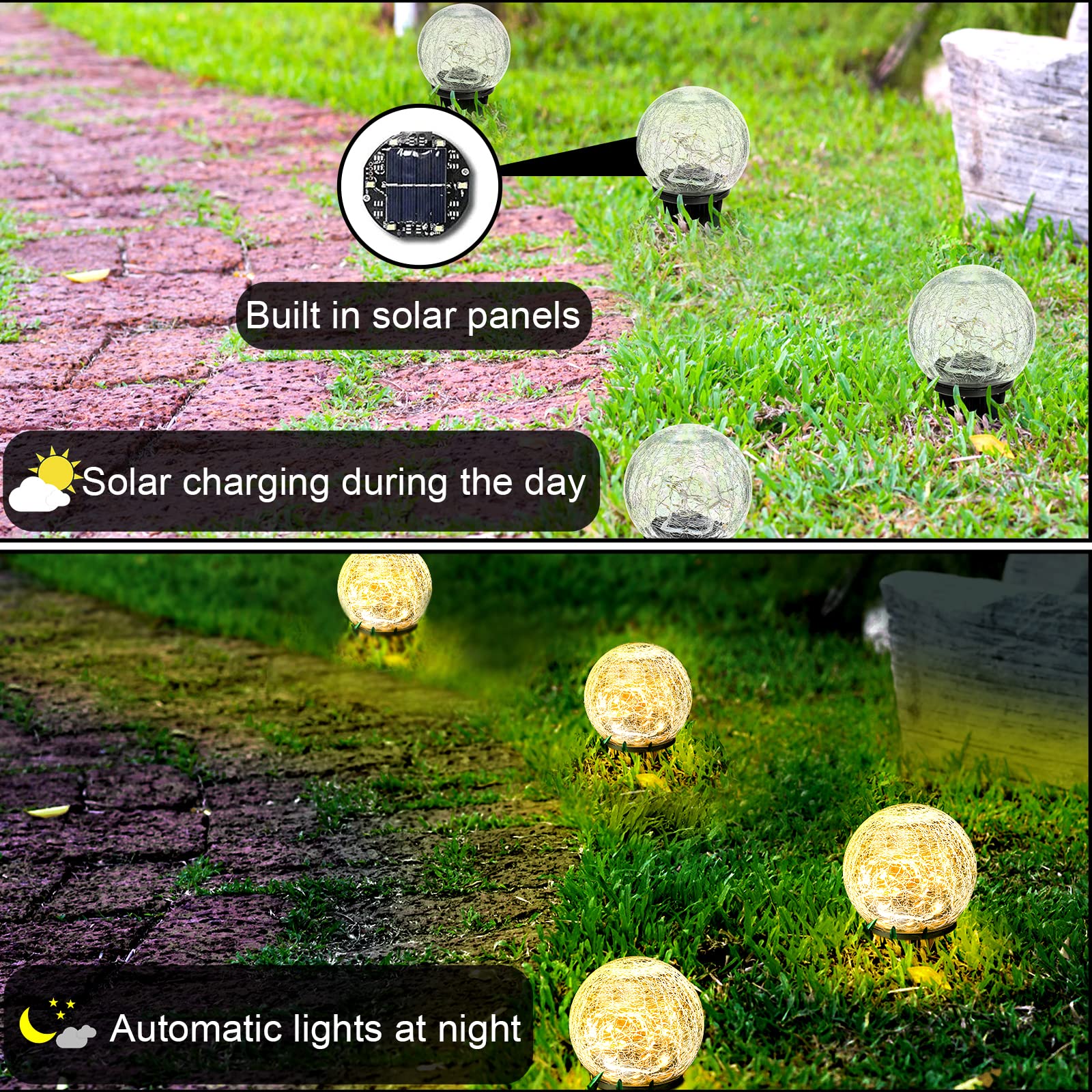 Hbaushun Garden Solar Lights 2 Pack,Outdoor Waterproof 30 Led Cracked Glass Ball Globe Solar Power Ground Lights For Pathway Path Yard Patio Lawn, Outdoor Christmas Decoration Landscape 4.7''