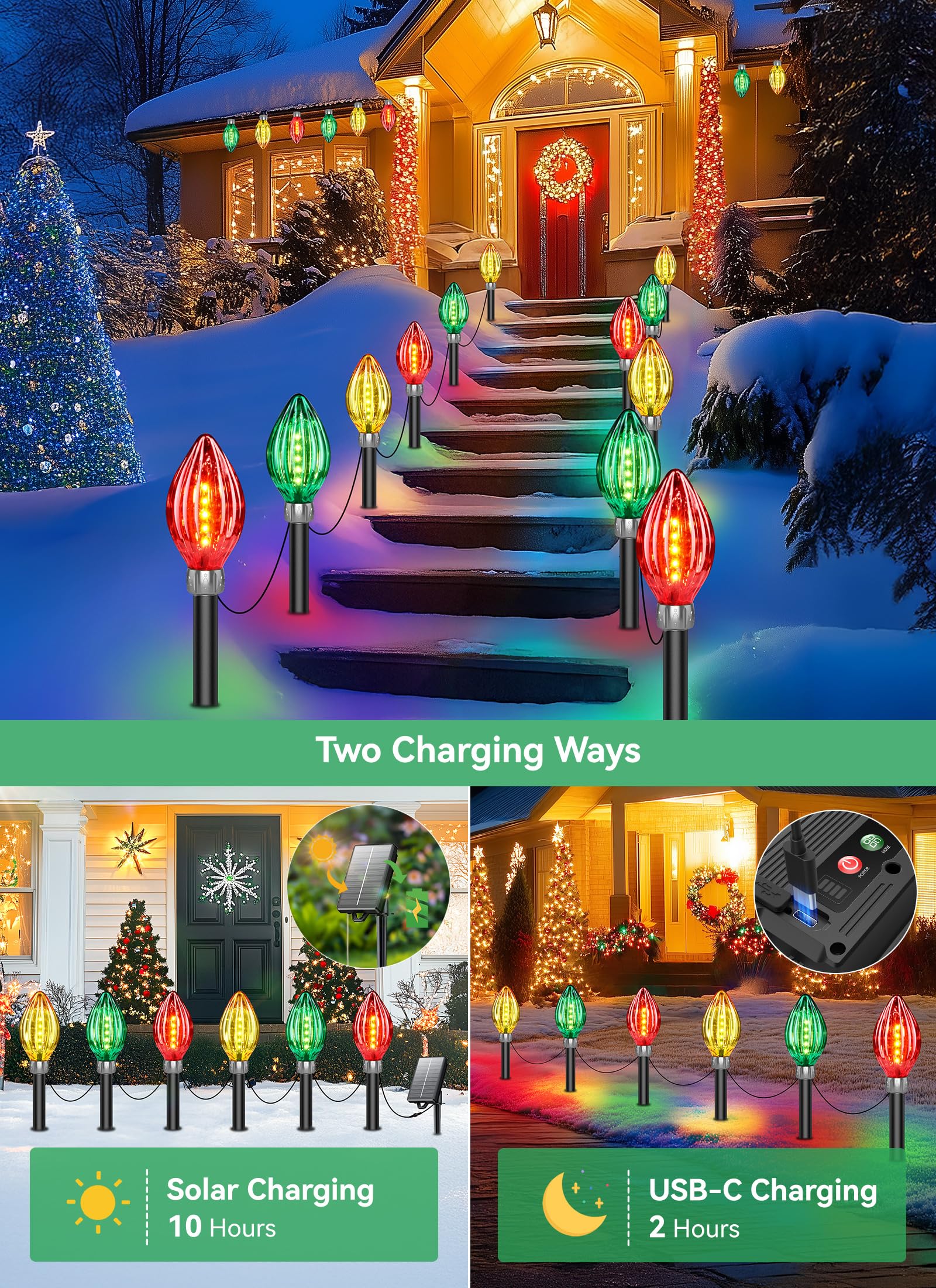Neemo 12 Pack Jumbo C9 Christmas Lights - 44 Ft Extra Long String Lights With 60 Led Solar Powered, Waterproof Outdoor Decorations For Pathway & Yard