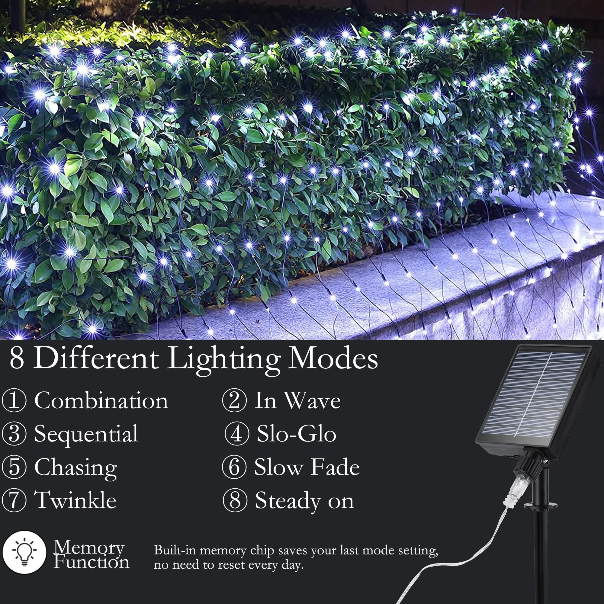 Ibaycon Solar Christmas Net Lights, 5Ft 5Ft Mesh With 8 Modes, Waterproof Bush Lights For Xmas Trees, Party, Garden, Wedding, Outdoor Decorations (White)