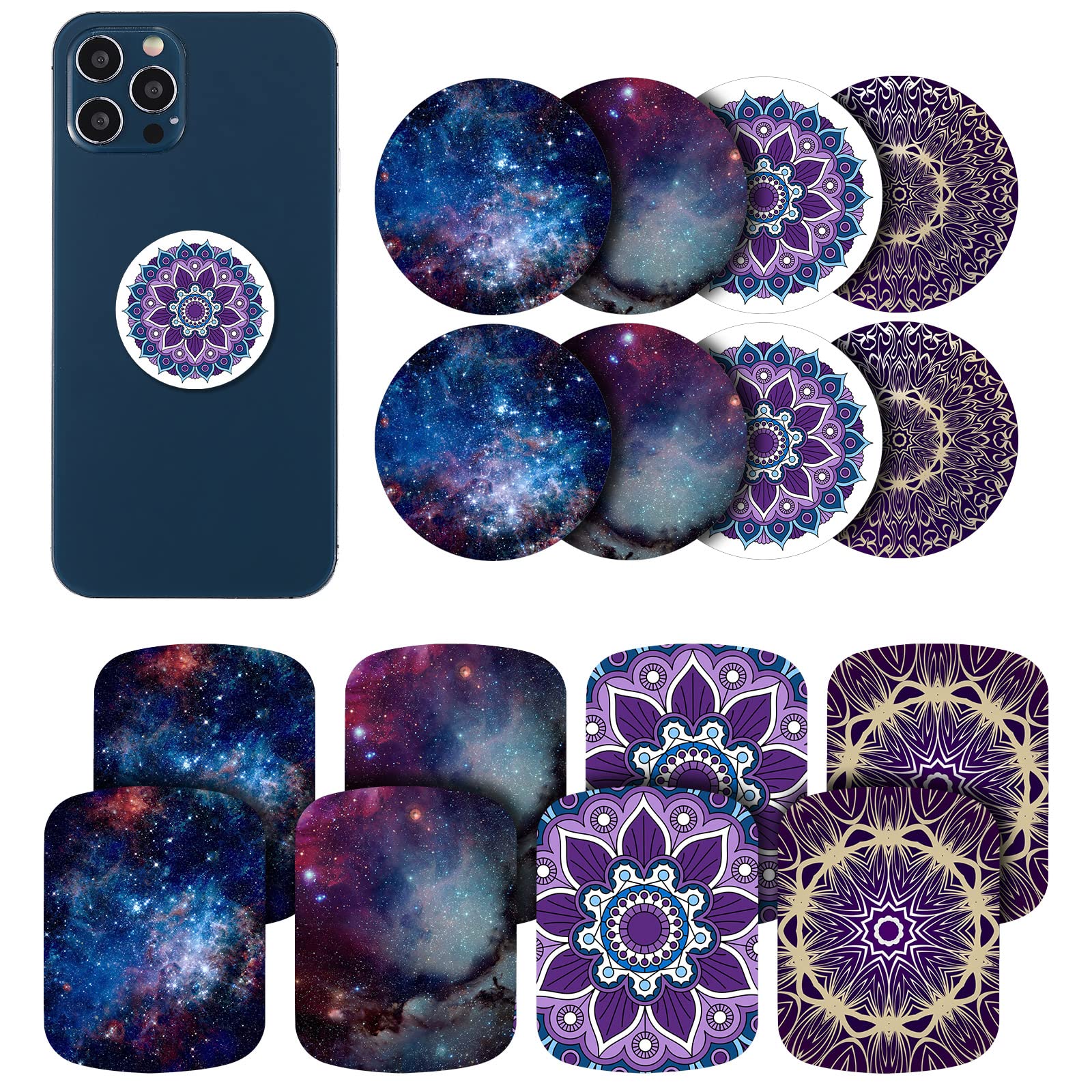 Weewooday 24 Pieces Metal Plates For Phone Magnet Car Magnetic Holder Cradle With Adhesive Mount For Magnetic Mounts Tablet, 12 Rectangle And 12 Round (Purple And Blue,Delicate Style)