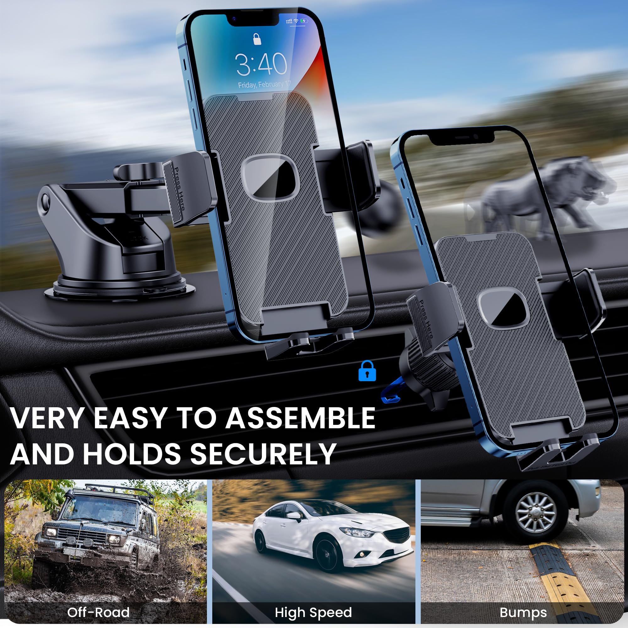 Guwez Phone Holder Car Mount For Iphone [Powerful Suction] Phone Mount For Car Dashboard Windshield Air Vent Universal Accessories [Thick Cases Friendly] Automobile Phone Holder Fit Iphone Smartphone