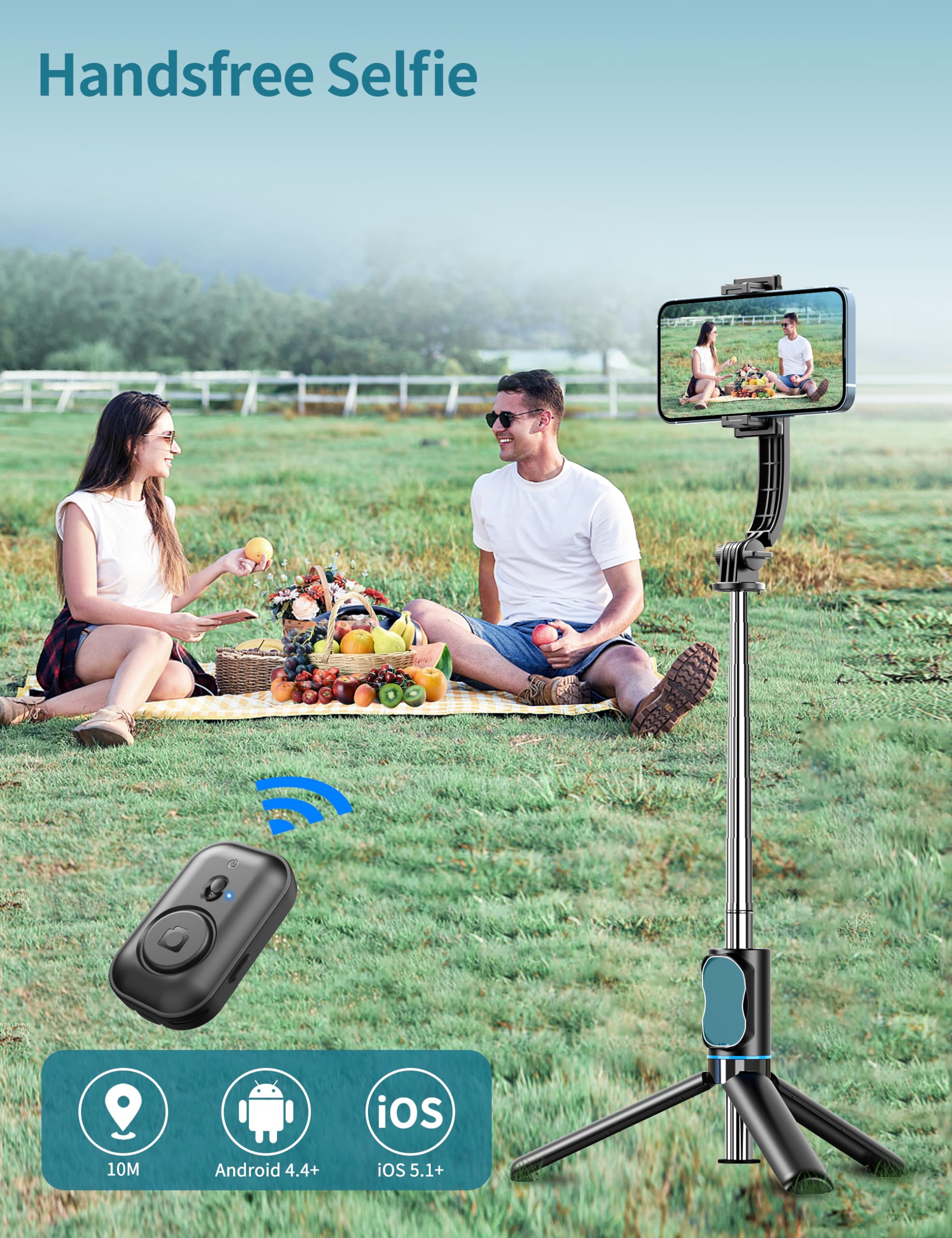 Qirita Selfie Stick, 41'' Extendable Phone Tripod Stand With Phone Holder & Detachable Remote, 360° Rotation Selfie Stick Tripod For Cell Phone Compatible With Iphone, Android, Samsung