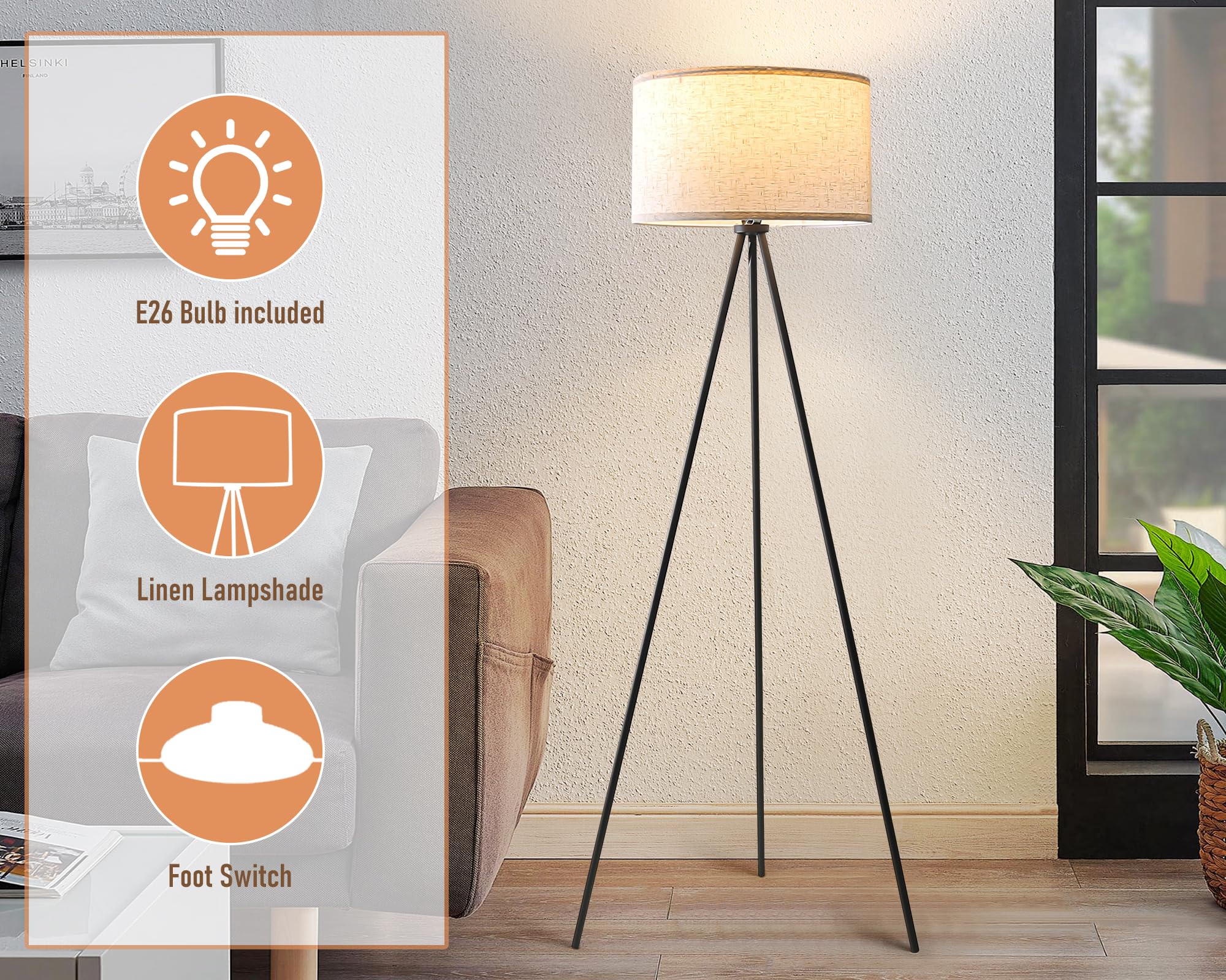 Yorkcare Tripod Floor Lamp, Black Modern Mid Century Standing Lamp Tripod Floor Lamps With Flaxen Drum Shade, Foot Switch For Living Room, Bedroom, Office, Includes E26 Led Bulb