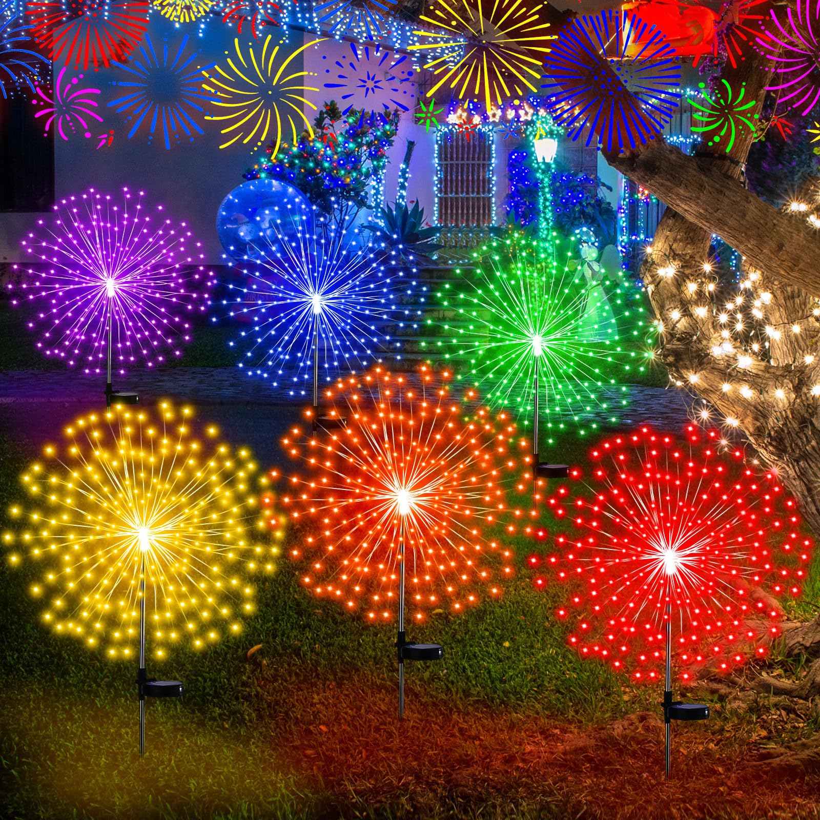 Tujoe 6 Pcs Solar Firework Stake Lights 180 Led 8 Modes Solar Waterproof Led Sparkler Lights Outdoor Decoration For Spring Easter Xmas Garden Patio Yard Pathway Walkway Lawn, Multicolor
