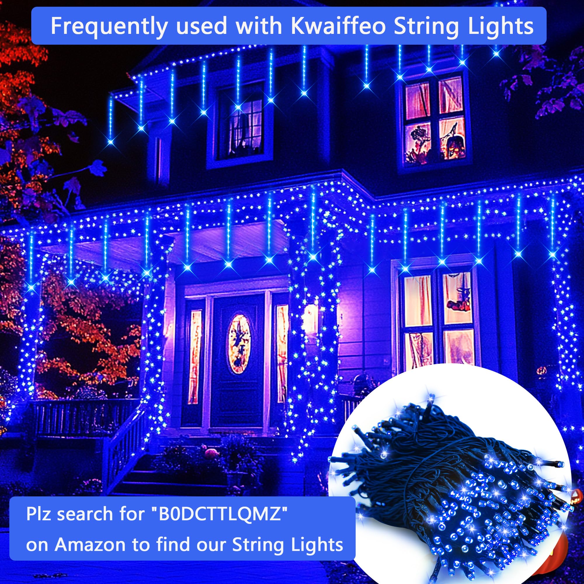 Kwaiffeo Meteor Shower Lights - 12 Inch 8 Tube Rain Falling Icicle Cascading Lights For Xmas Tree, Halloween, Wedding Party & Outdoor Yard Decorations - Ul Plug Blue