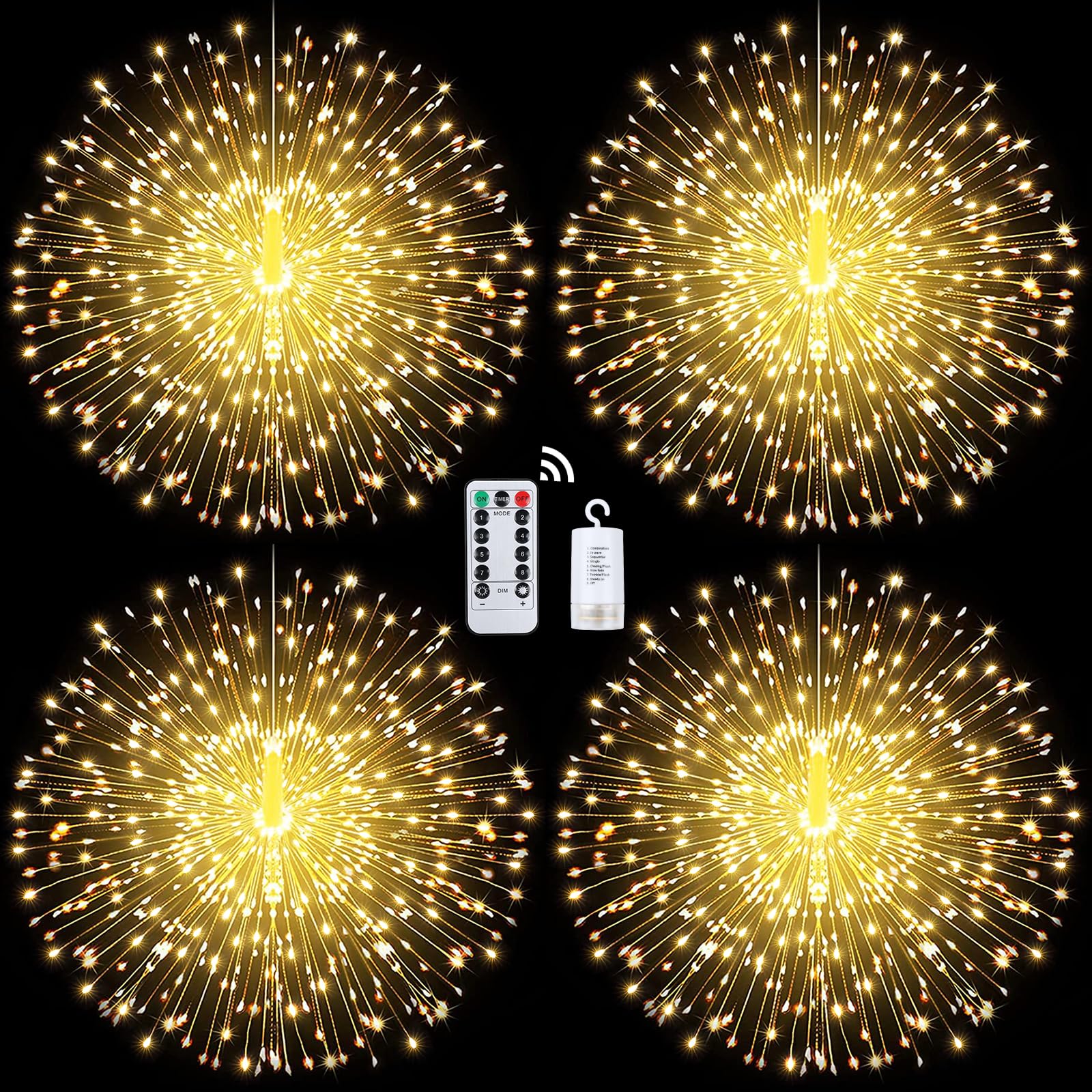 Techip 4 Pcs 225Led Lights Battery Operated Fairy Lights Copper Wire With Remote 8 Modes Wedding Hanging String Lights Christmas Decorative Lights Outdoor Indoor Decoration,Warm White