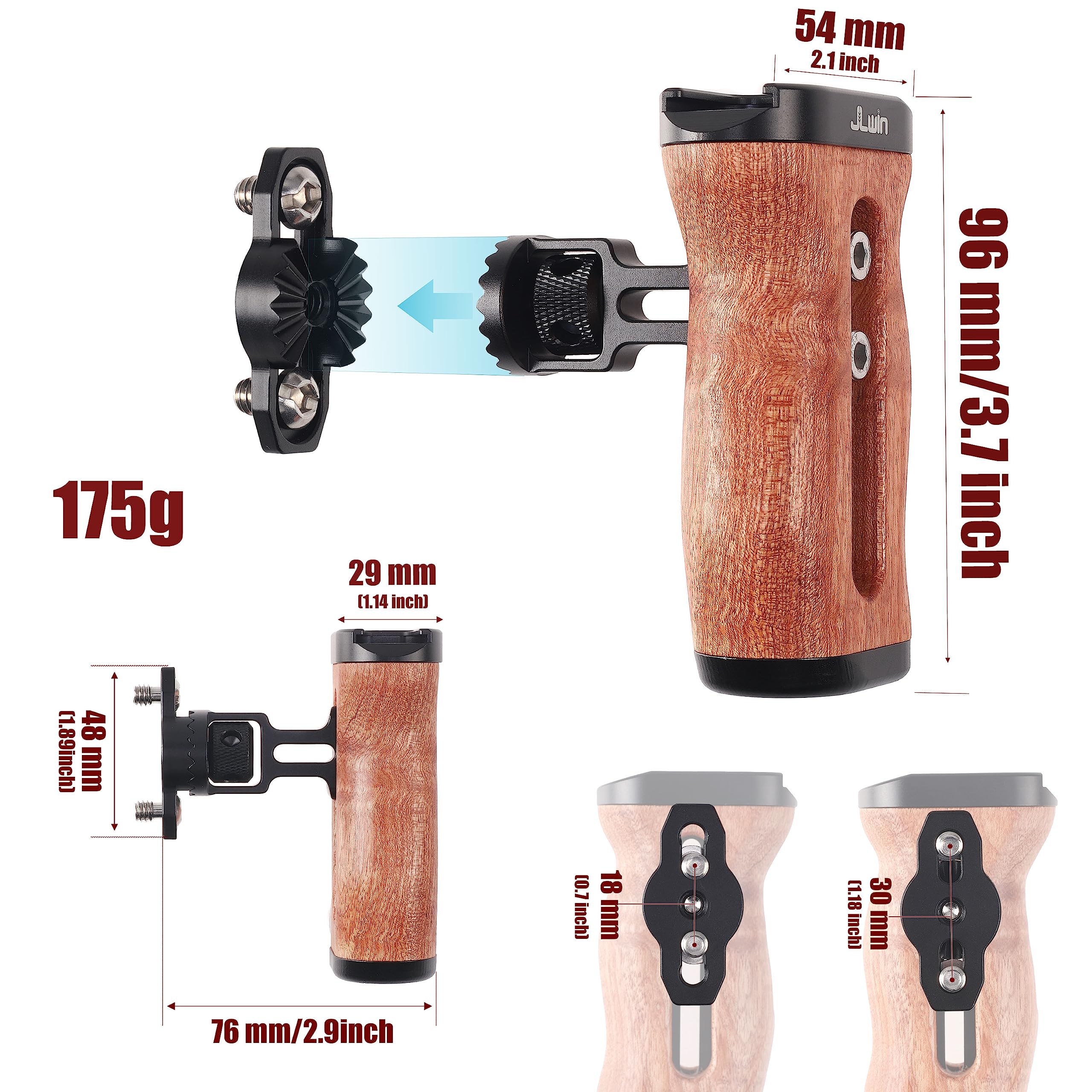 Fotga Wooden Side Handle Grip Stabilizer With Dual 1/4"-20 Screws Mount Cold Shoe For Dslr Mirrorless Video Camera Cage Microphone Built-In Allen Wrench,Up/Down Position Adjustable