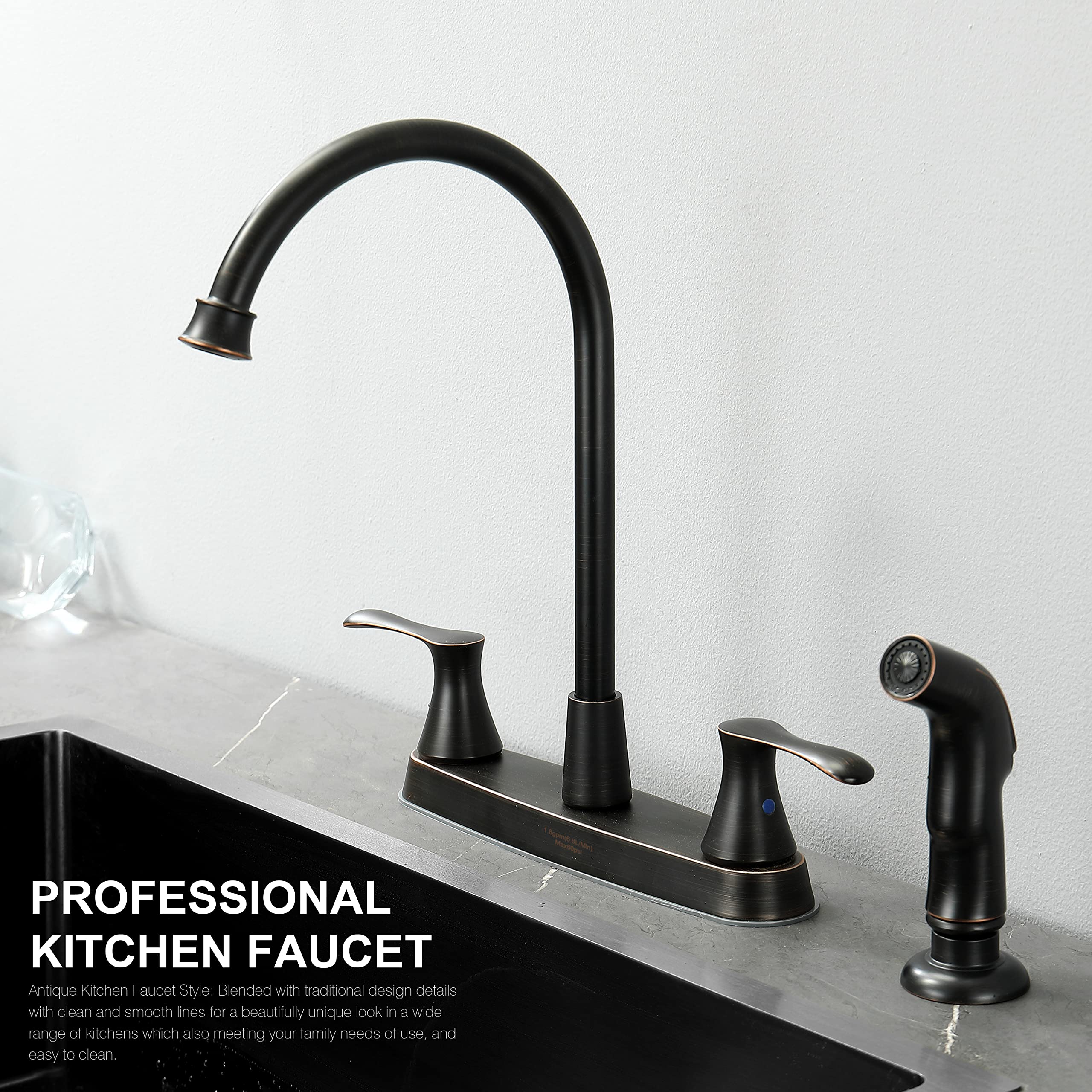 Kirlystone Oil-Rubbed-Bronze Kitchen Faucet With Side Sprayer, Bronze 2-Handle Faucet For 4 Holes Kitchen Sink