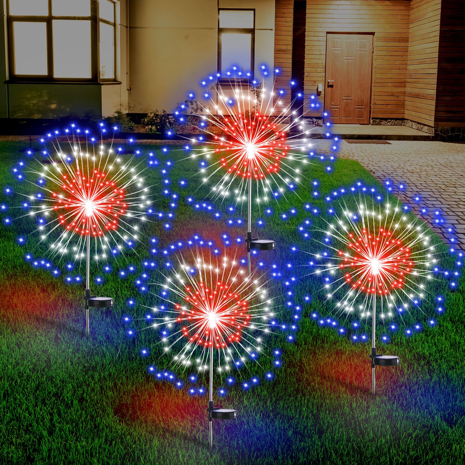 Tujoe 4Th Of July Decorations Outdoor 4 Pack Solar Power Yard Firework Lights Patriotic Garden Waterproof Solar Lights With 180 Led 8 Modes For Independence Day Party Decoration(Red, White, Blue)