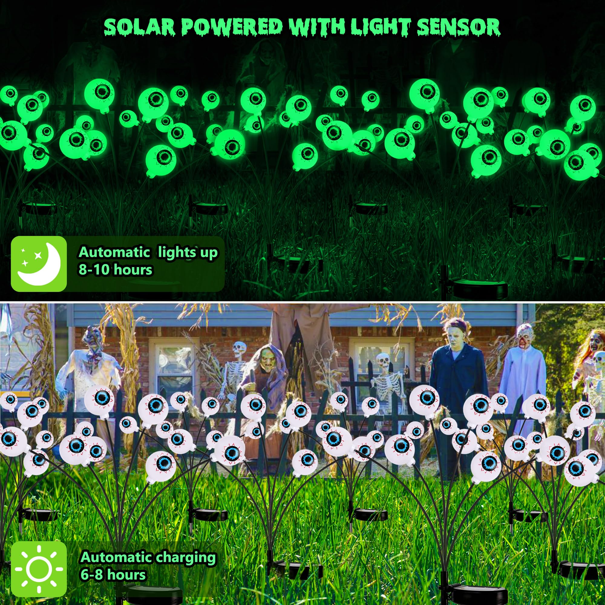 Brizlabs Solar Halloween Eyeball Lights, 2 Pack 12 Led With 2 Modes, Outdoor Swaying Eye Firefly Pathway Lights, Green For Path Yard Garden Lawn