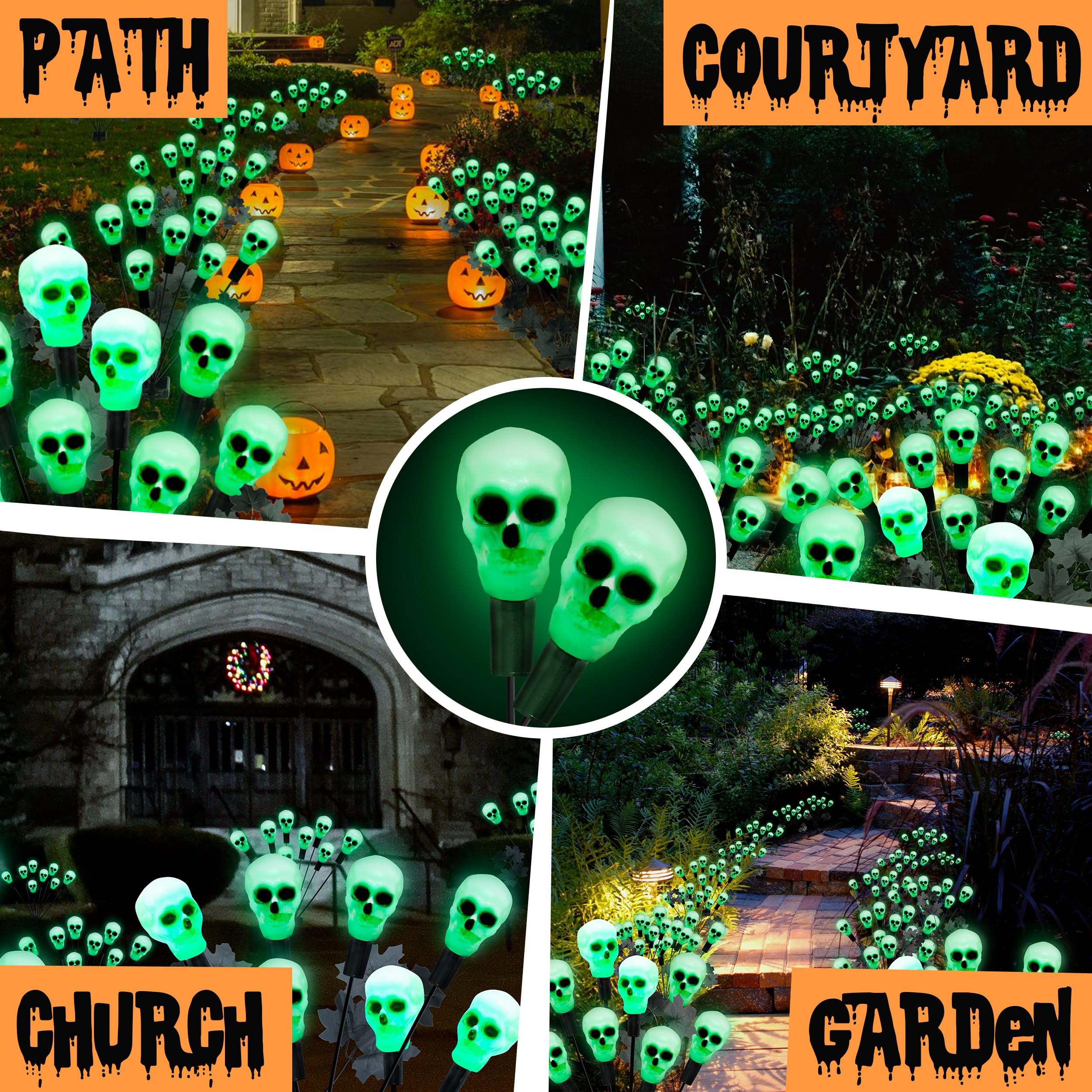 Jimerf 2 Pack 16Led Solar Skull Halloween Lights - Ip65 Waterproof Outdoor Decorations, Scary Swaying Firefly Lights For Garden, Patio, Yard, Lawn Decor